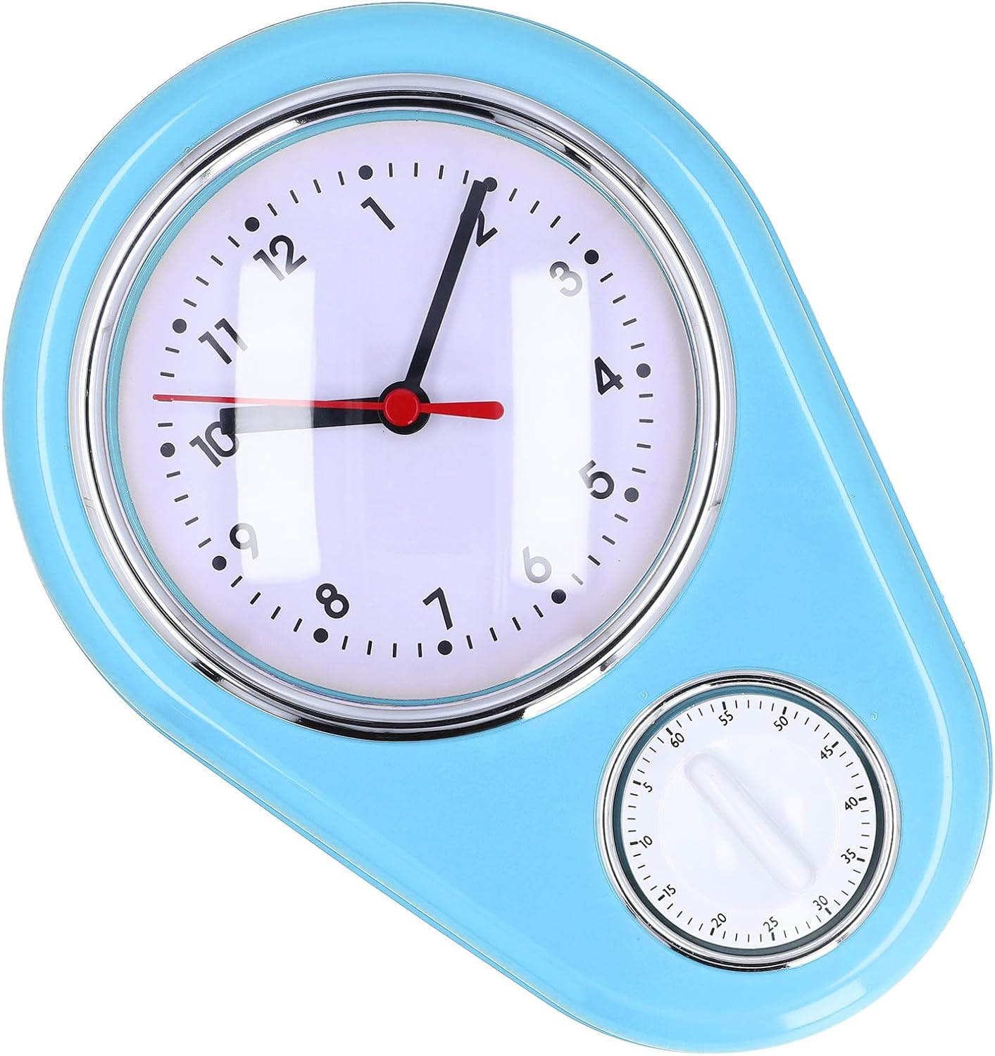 Blaue Wanduhr mit weißem Zifferblatt und integriertem Timer unten rechts.