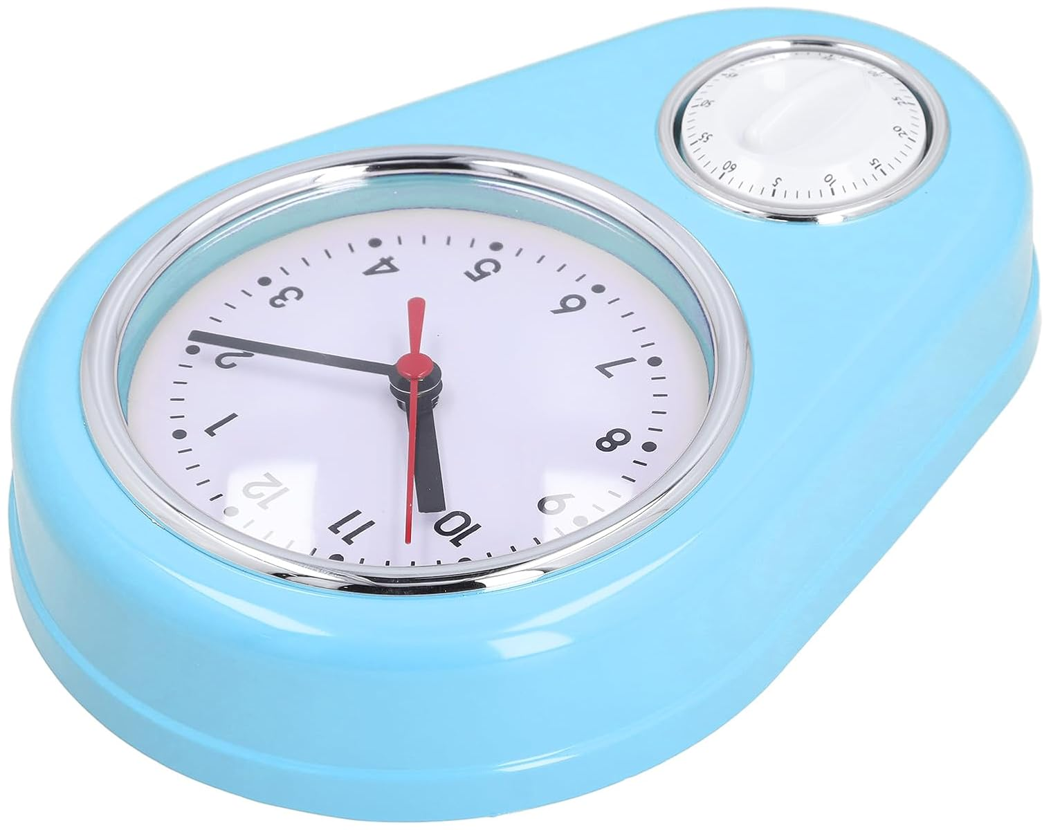Blaue retro Wanduhr mit integriertem Küchenwecker und silbernem Rand.