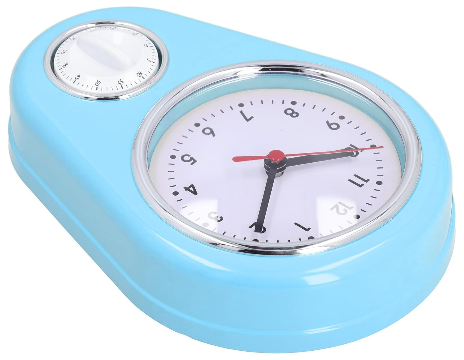 Ein hellblauer Küchentimer mit runder Uhr und integriertem Timer-Drehknopf.
