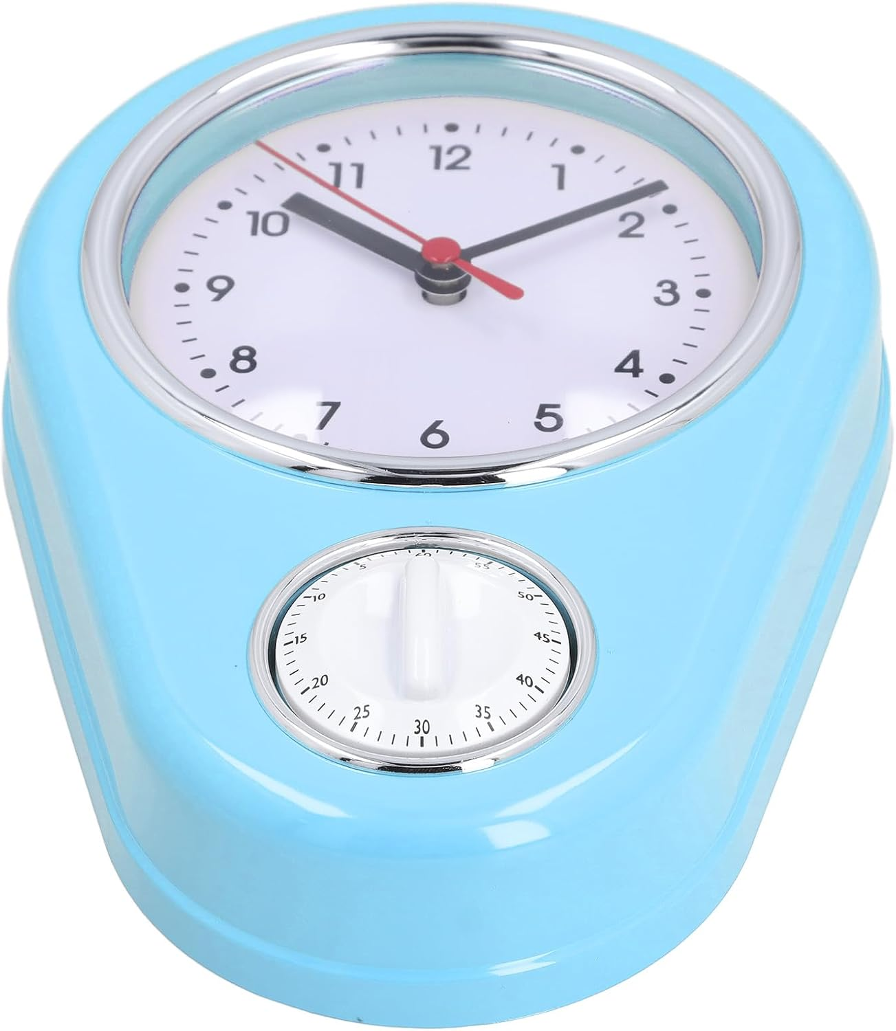 Blaue retro Wanduhr mit integriertem Küchenwecker unten.