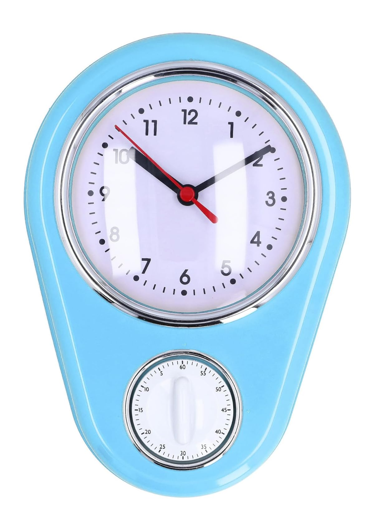 Blaue Retro-Wanduhr mit Timer und weißem Zifferblatt.