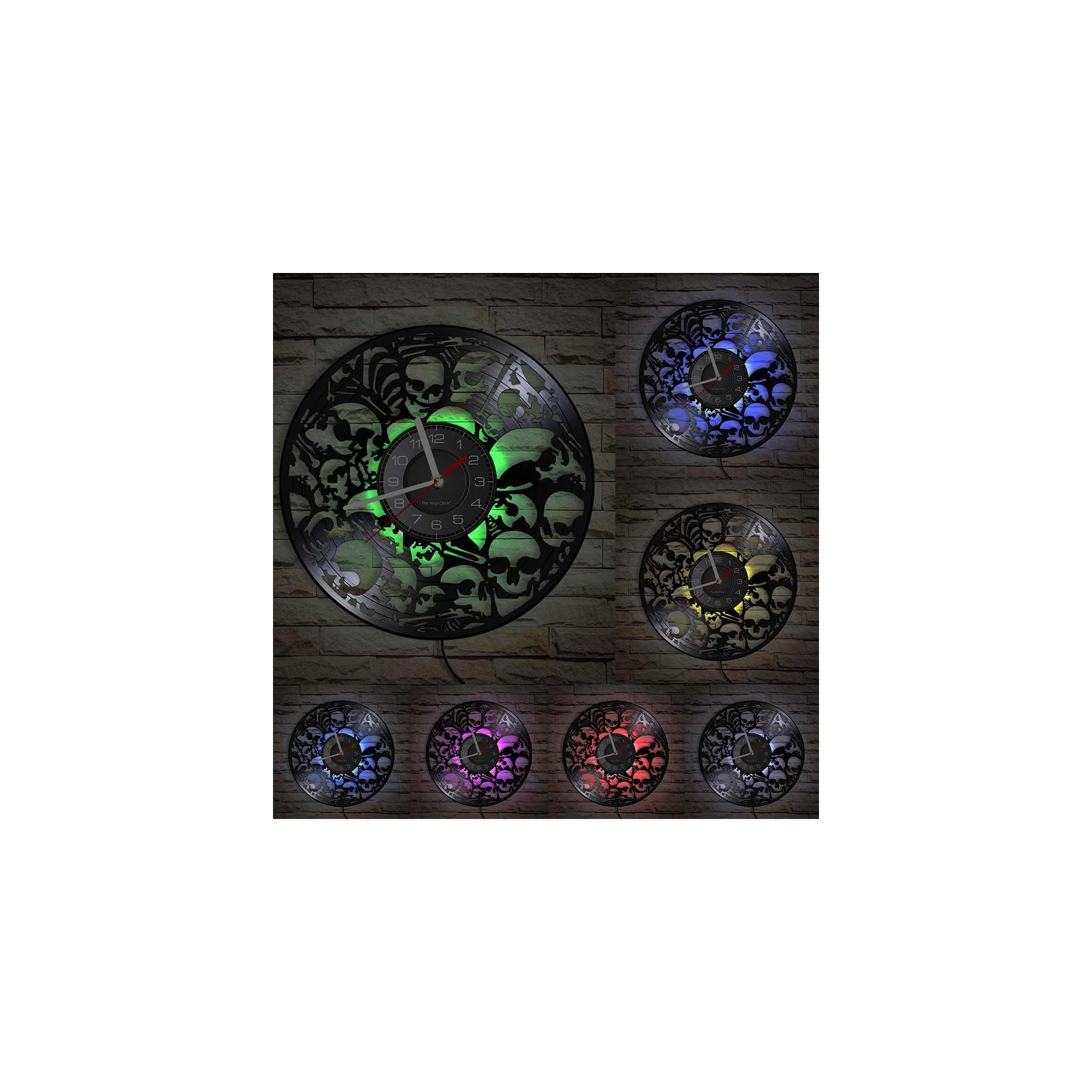 Wanduhren aus Schallplatten mit Totenkopf-Motiven und bunten LED-Hintergrundbeleuchtungen an einer Backsteinwand.