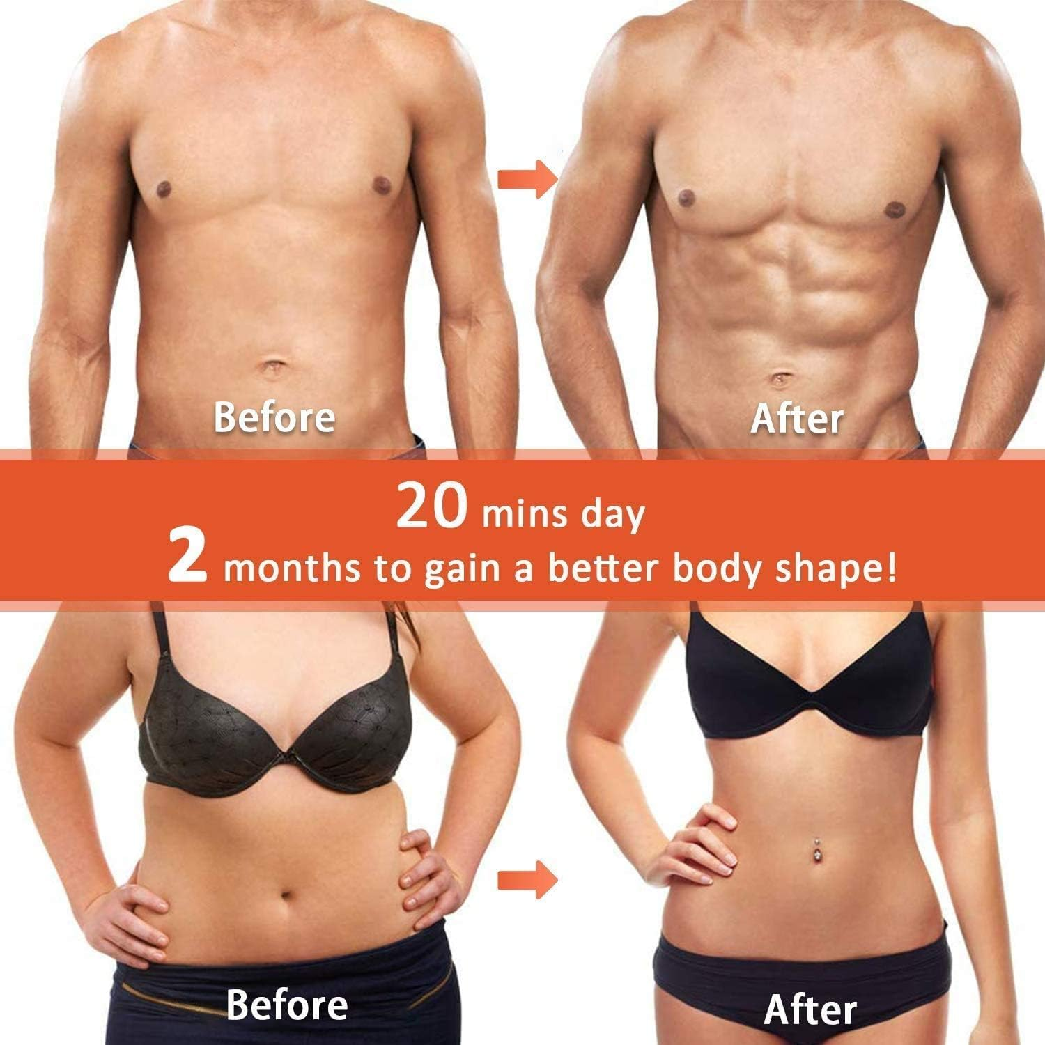 Vorher-Nachher-Vergleich von Mann und Frau mit Fitness-Erfolgen.