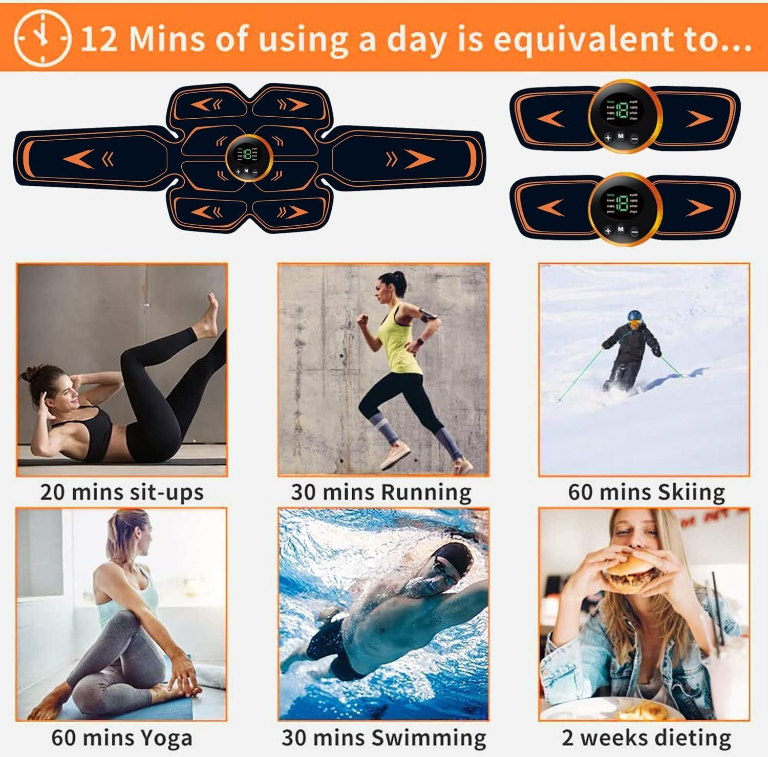 Muskelstimulator-Gerät mit Bildern von Übungen wie Sit-ups, Laufen, Skifahren, Yoga, Schwimmen und Diät.