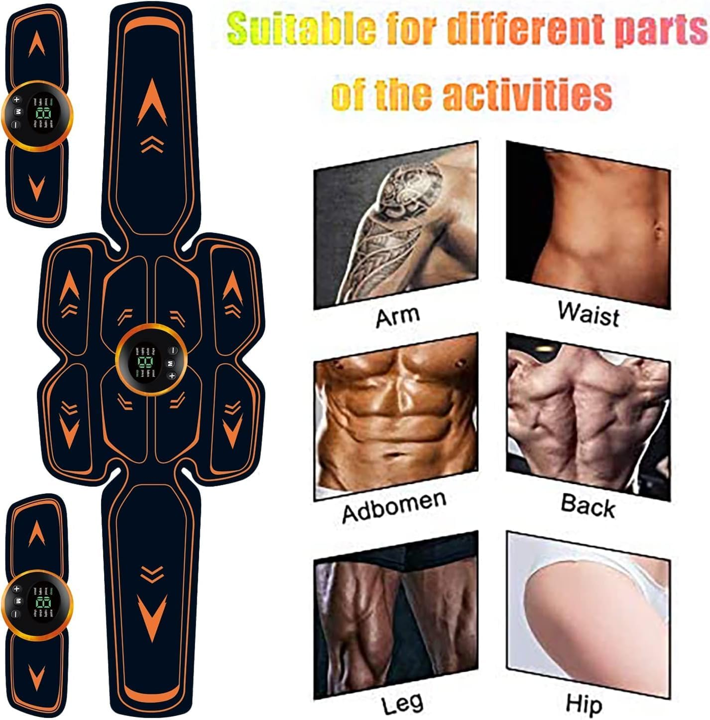 Schwarze und orangefarbene EMS-Muskelstimulator-Pads mit Controller an Arm, Taille, Bauch, Rücken, Bein und Hüfte.