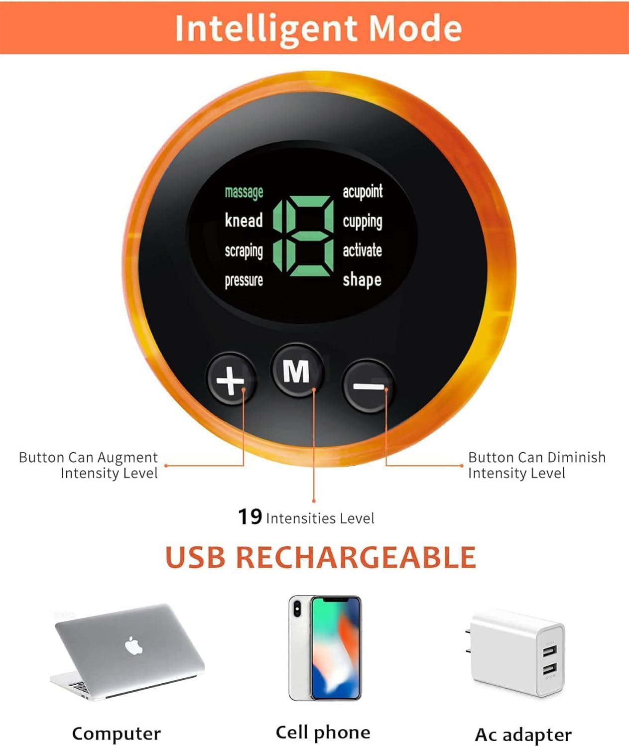 Rundes Massagegerät mit LED-Bildschirm, Tasten für Intensität und USB-Ladeoptionen darunter.