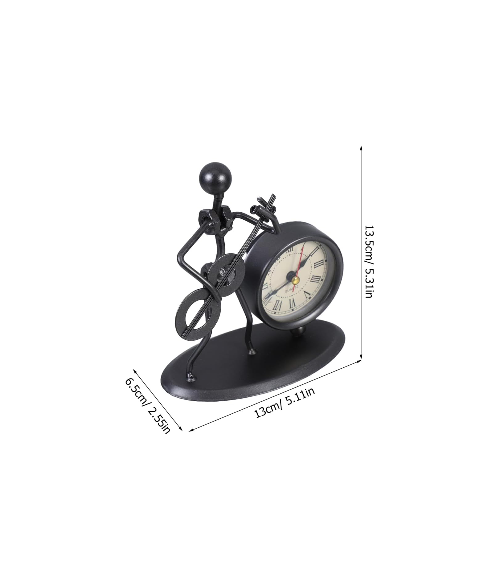 Schwarze Metallfigur spielt Geige mit integrierter Uhr, Maße 13x6.5x13.5 cm.