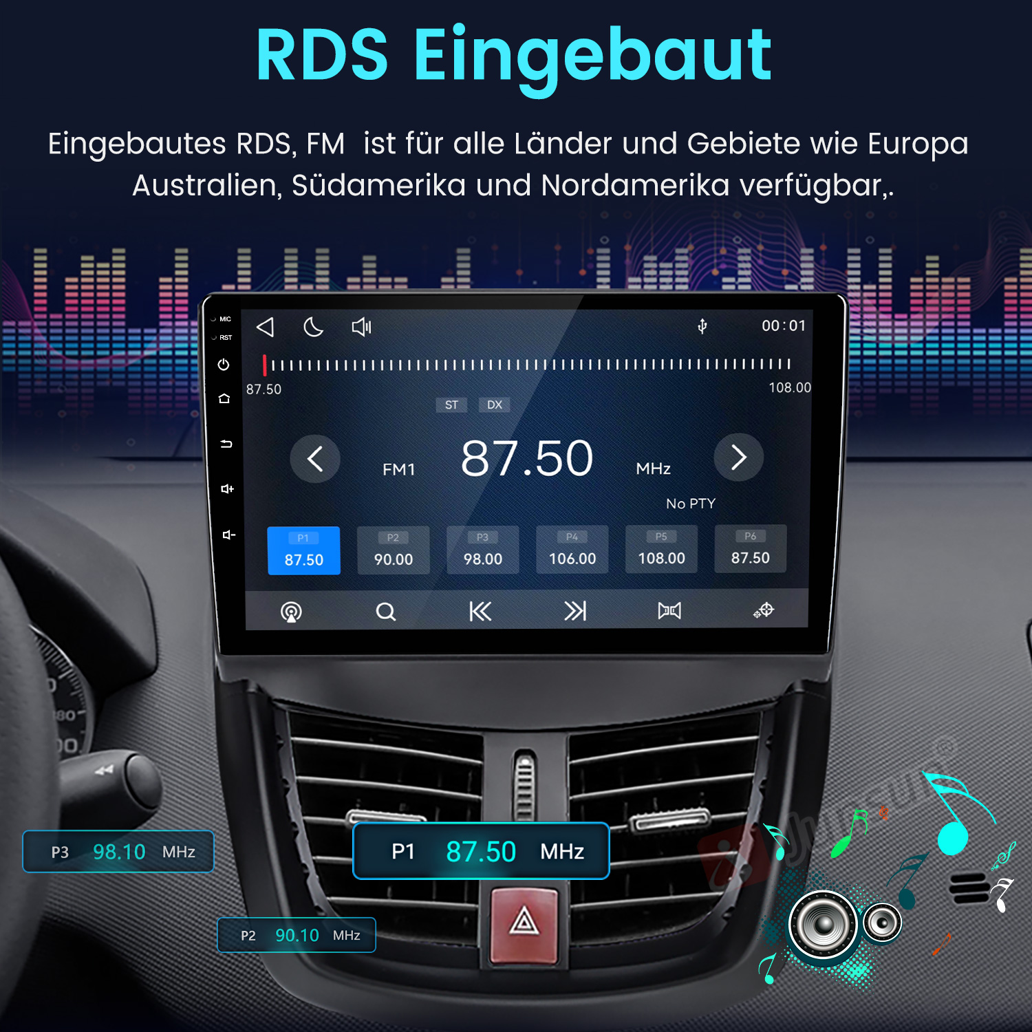Ein Auto-Armaturenbrett mit digitalem Radio-Display, Frequenz 87,50 MHz und Audiosteuerung.