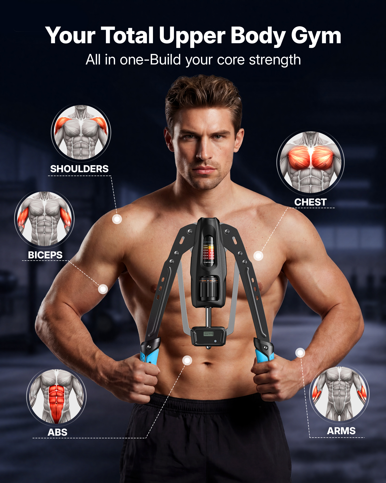Muskulöser Mann hält ein Trainingsgerät. Überall sind anatomische Grafiken für Schultern, Brust, Bizeps, Bauchmuskeln und Arme.