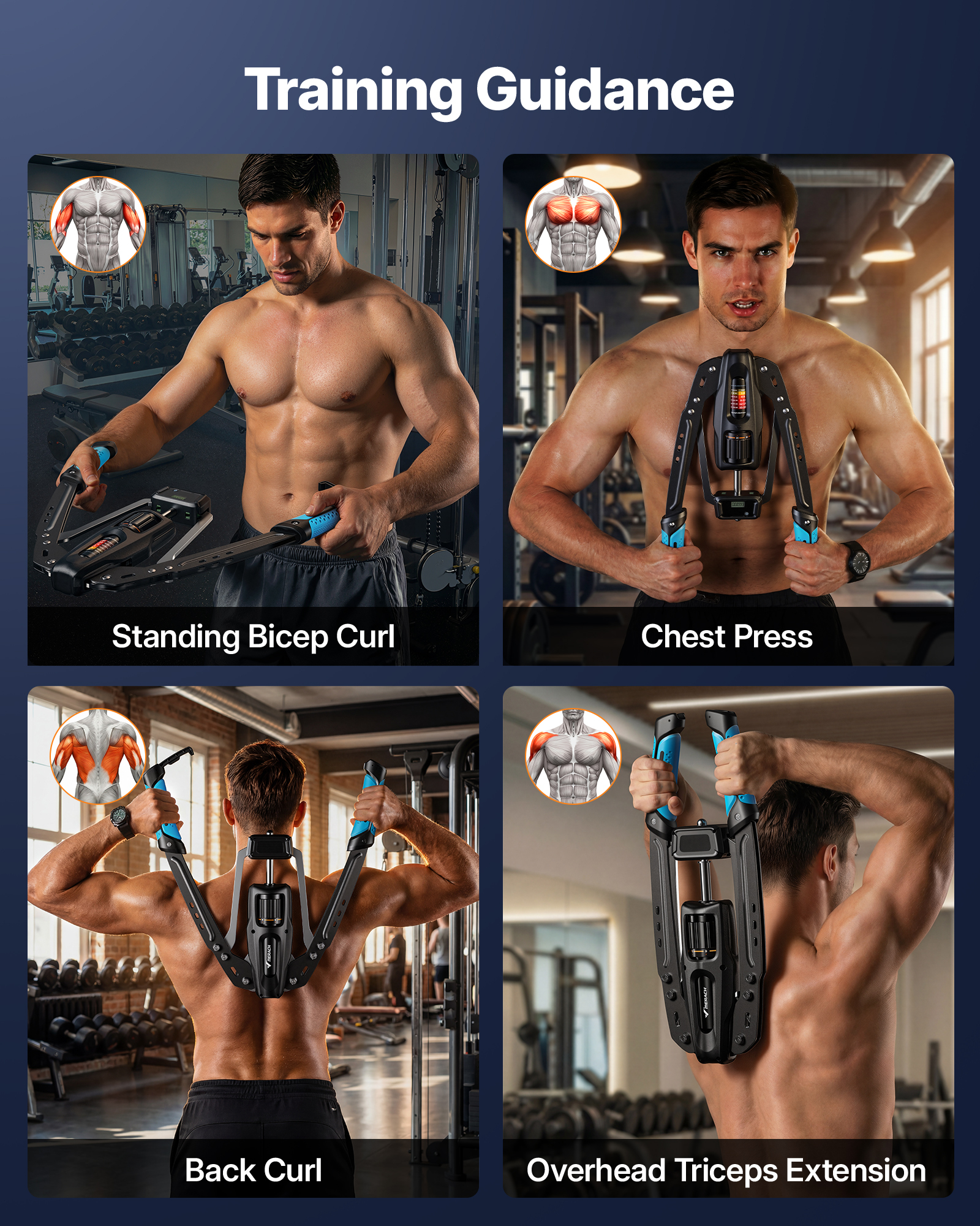 Ein Mann zeigt vier Übungen mit einem Fitnessgerät: Bizepscurl, Brustpresse, Rückencurl und Trizepsstrecken.
