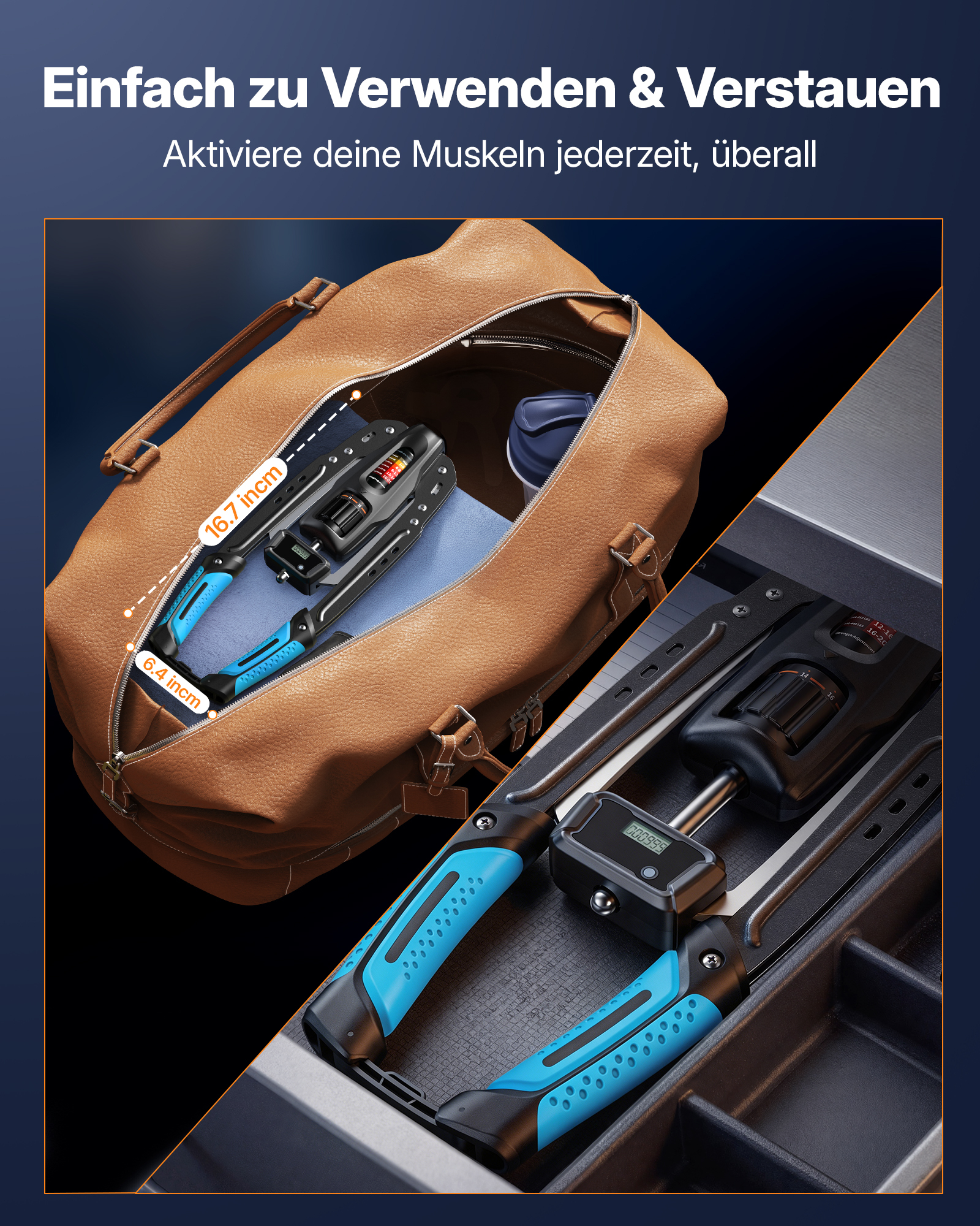 Ein tragbares Sportgerät in einer Ledertasche und in einer Schublade, mit Text und Maßen oben.