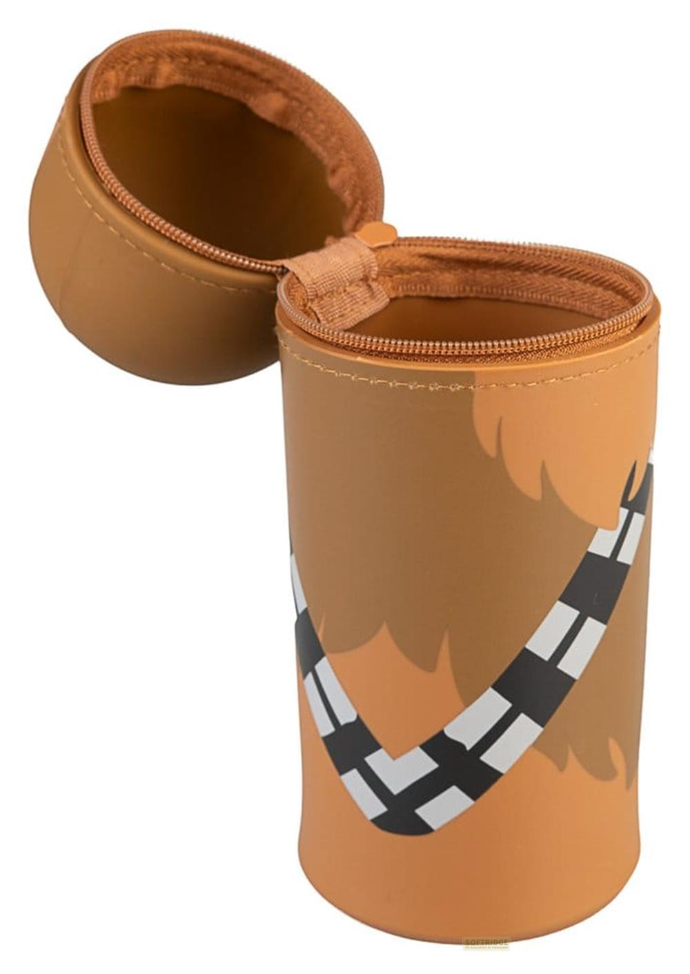 Estuche cilíndrico marrón abierto con diseño de Chewbacca sobre fondo blanco.