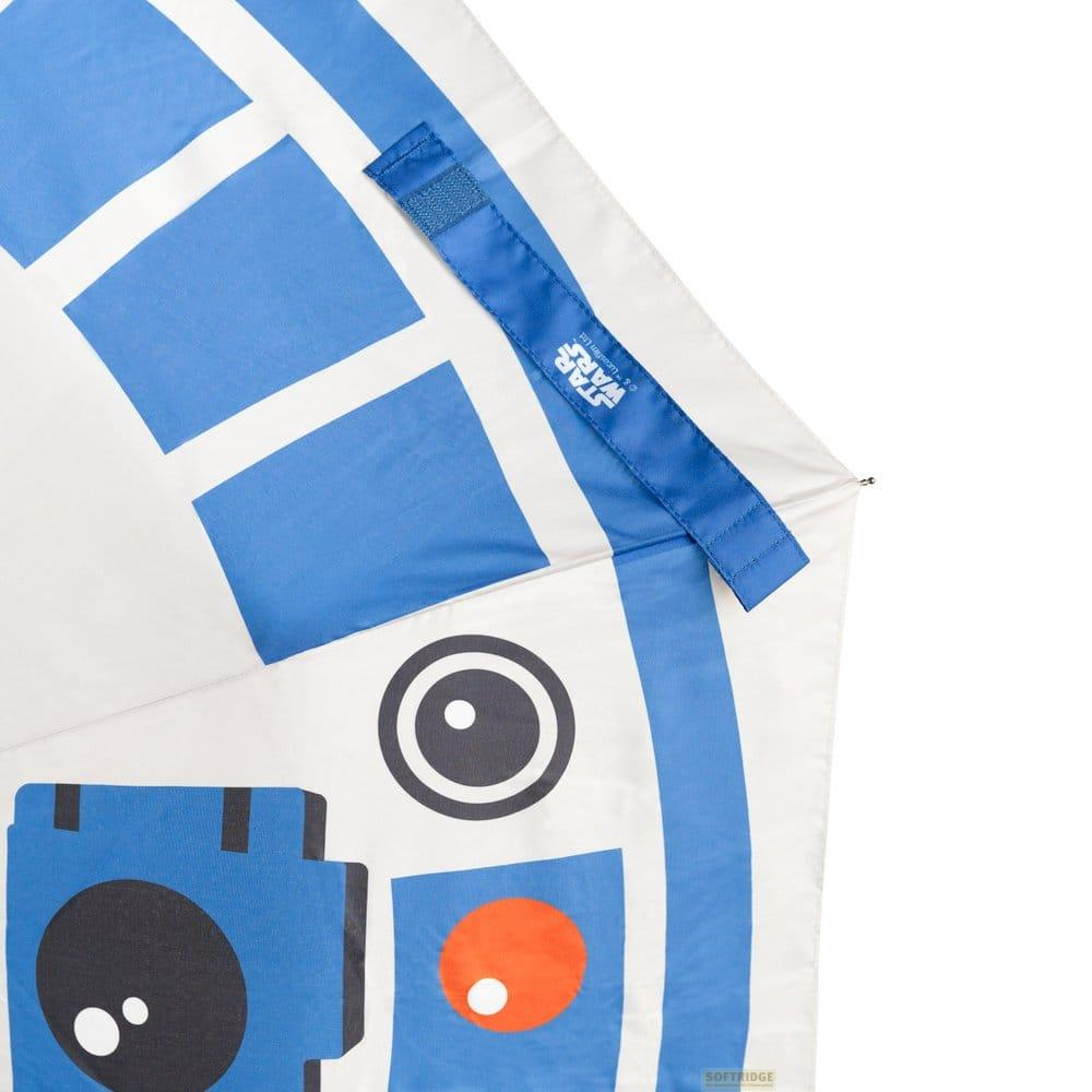 Weiß-blauer Regenschirm mit Star Wars R2-D2 Design, blauer Haltegurt mit Logo auf weißem Hintergrund.