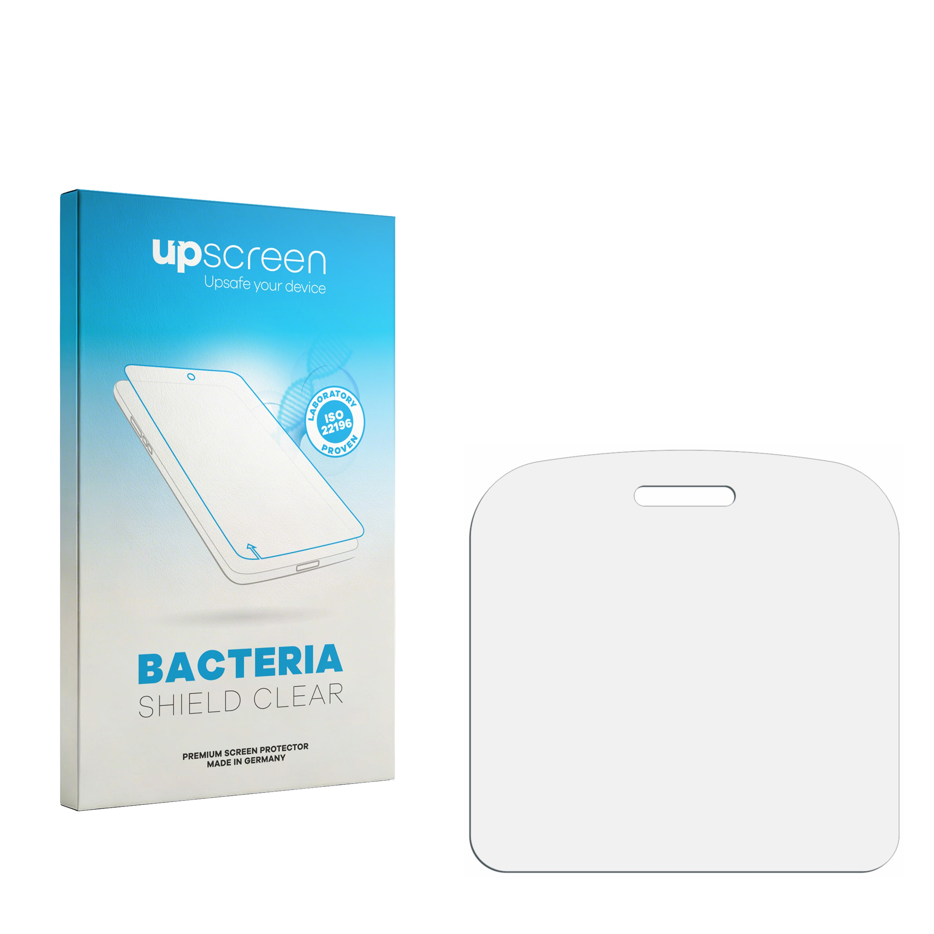 Upscreen Bacteria Shield Clear Verpackung und eine quadratische Schutzfolie auf weißem Hintergrund.
