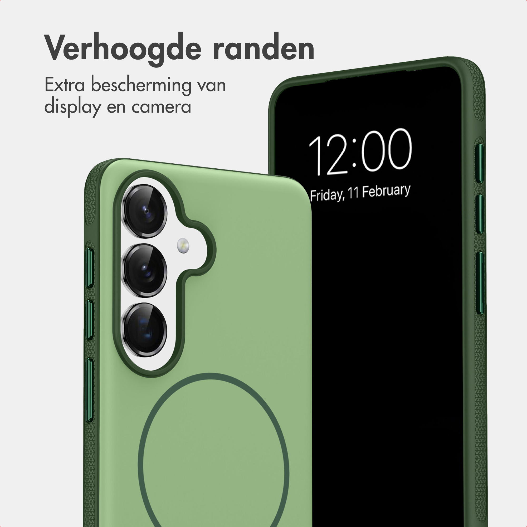 Grüne Handyhülle mit integriertem Ring und Kamerakonsole auf hellem Hintergrund.