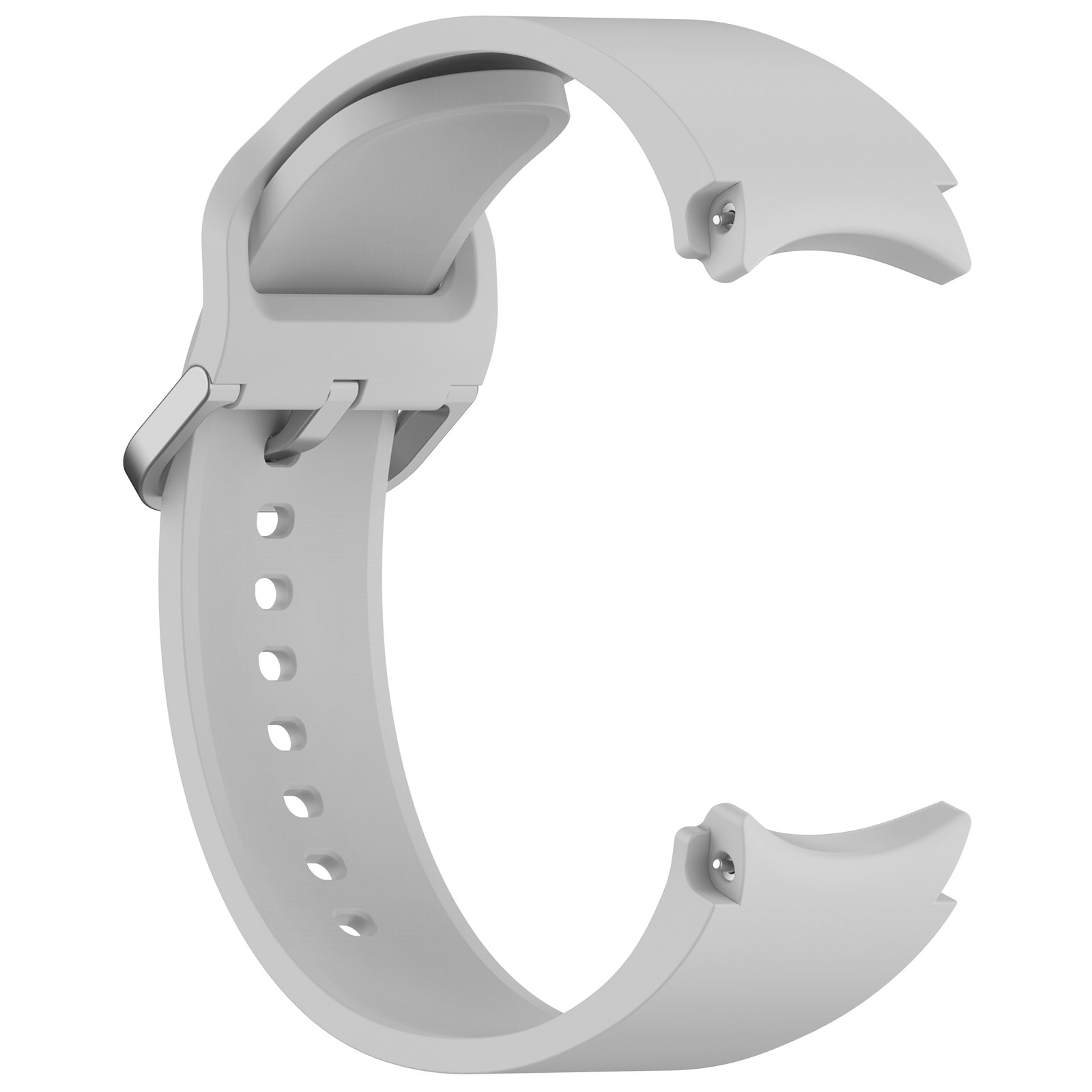 Ein weißes Silikonarmband mit Metallschnalle vor weißem Hintergrund.