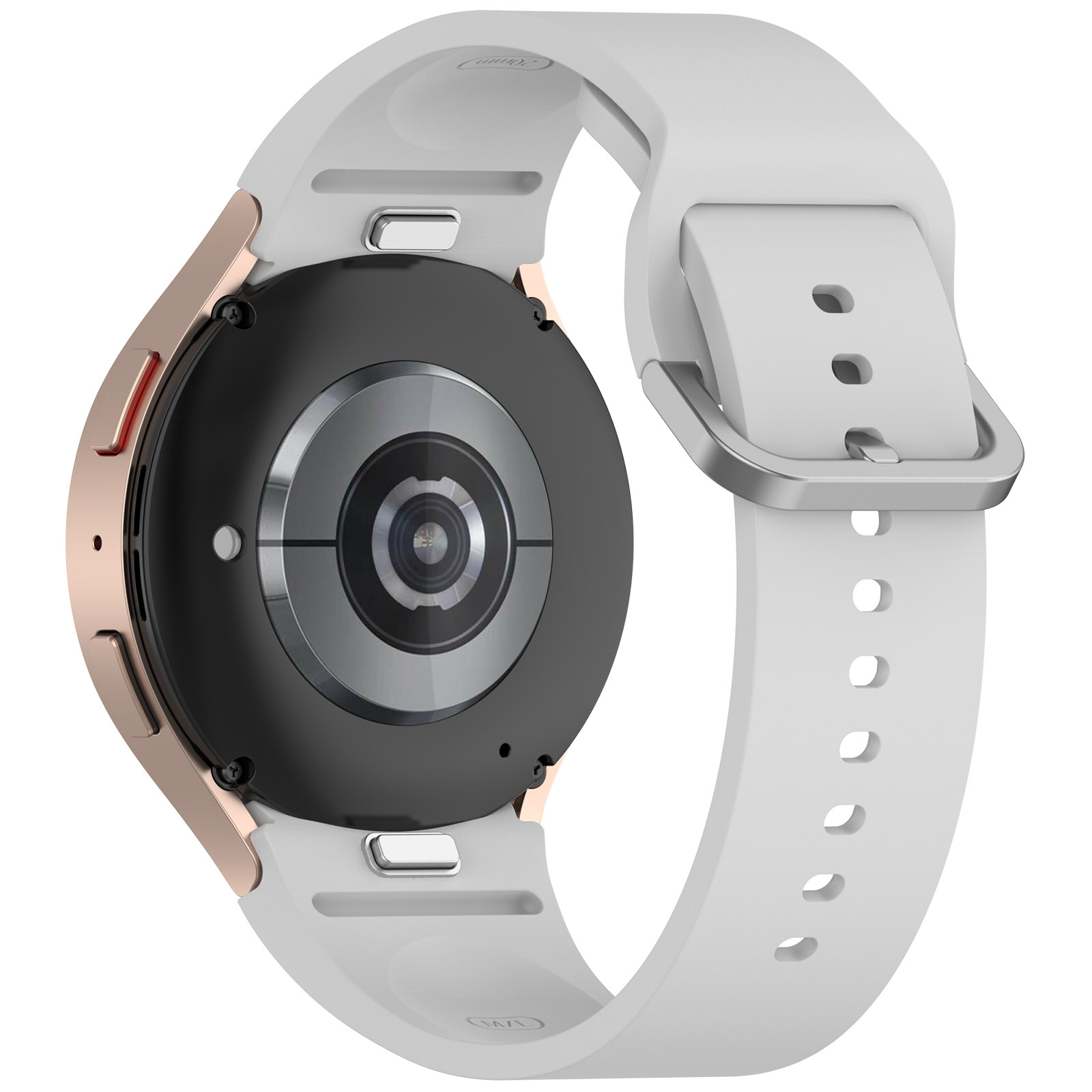 Rückseite einer Smartwatch in Roségold mit schwarzem Sensor und weißem Silikonarmband.