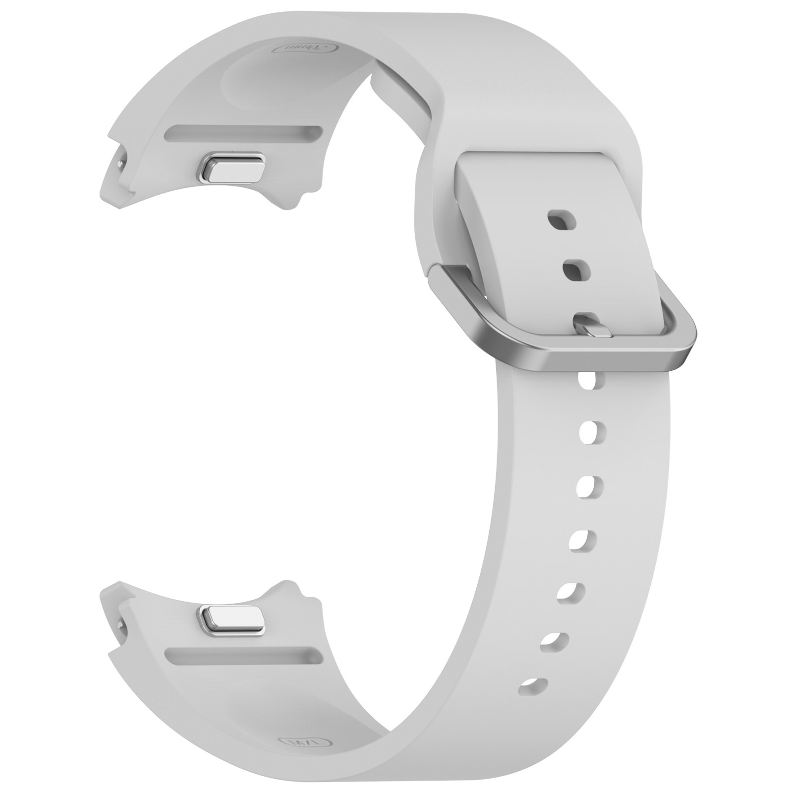 Ein hellgraues Silikon-Uhrenarmband mit silberner Schließe vor einem weißen Hintergrund.