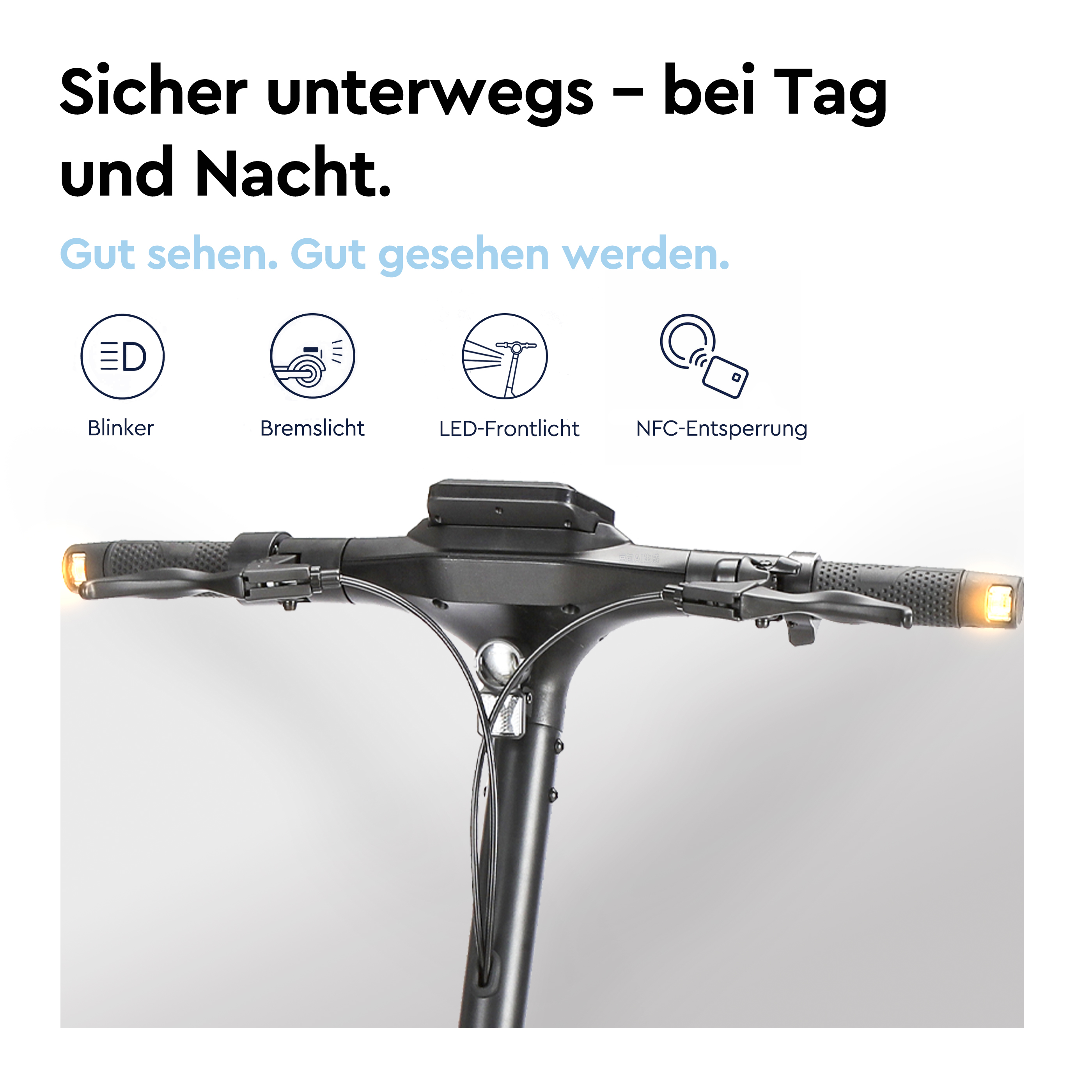 E-Scooter-Lenker mit leuchtenden Blinkern, dazu Symbole für Blinker, Bremslicht, LED-Frontlicht und NFC.
