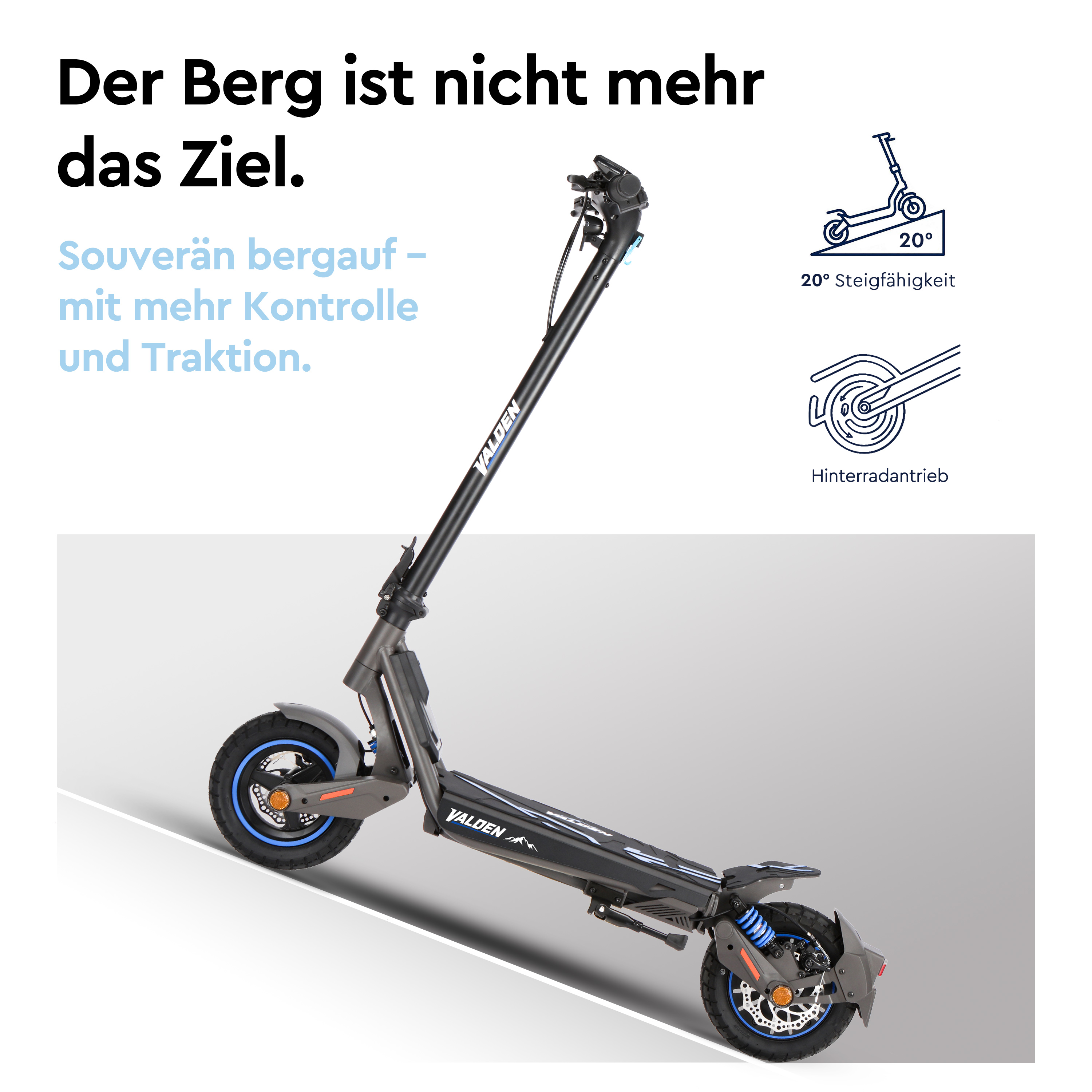 Ein schwarzer E-Scooter steht auf einer grauen Schräge mit Werbetext und Symbolen.