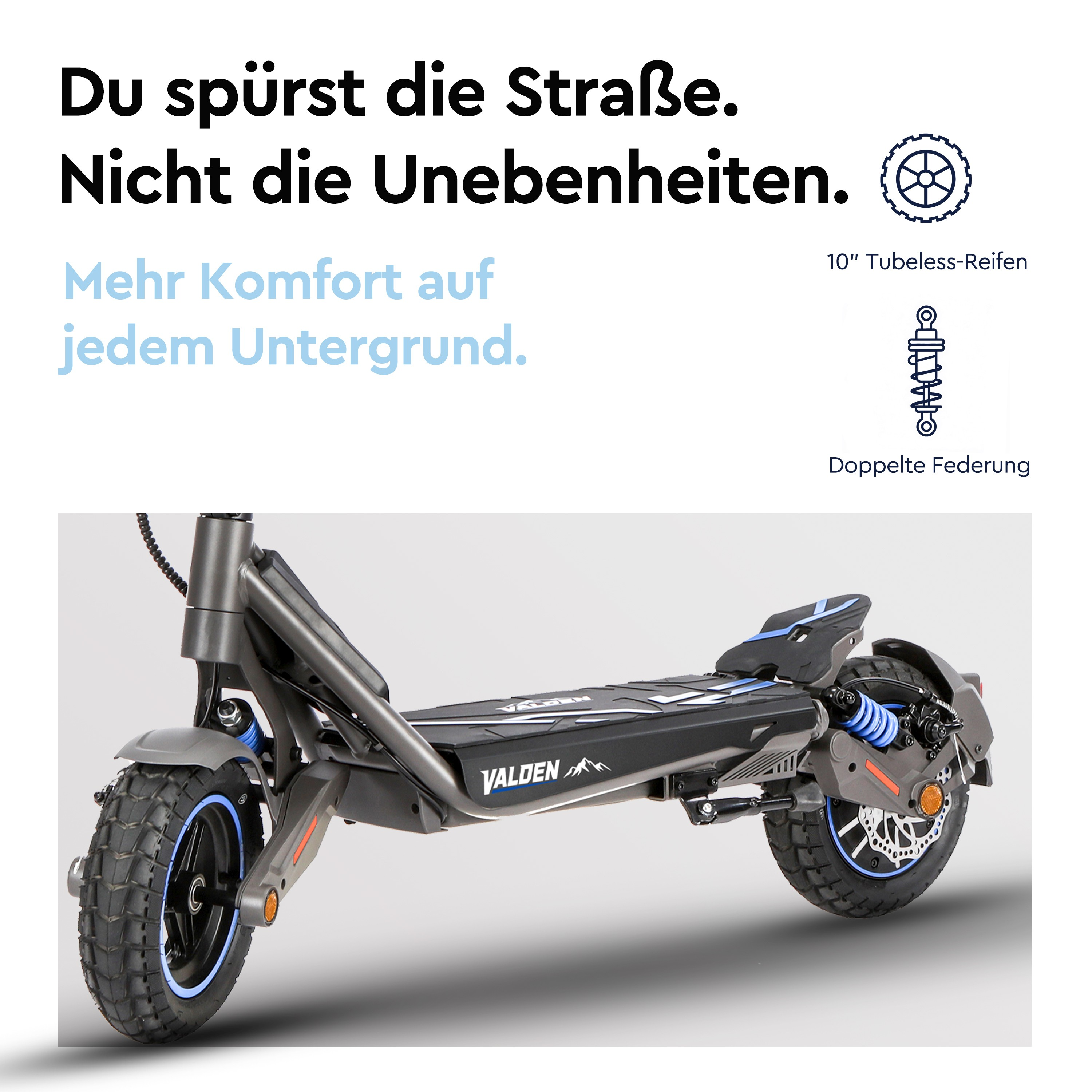 E-Scooter mit großen Reifen und doppelter Federung, bewirbt Komfort auf der Straße.