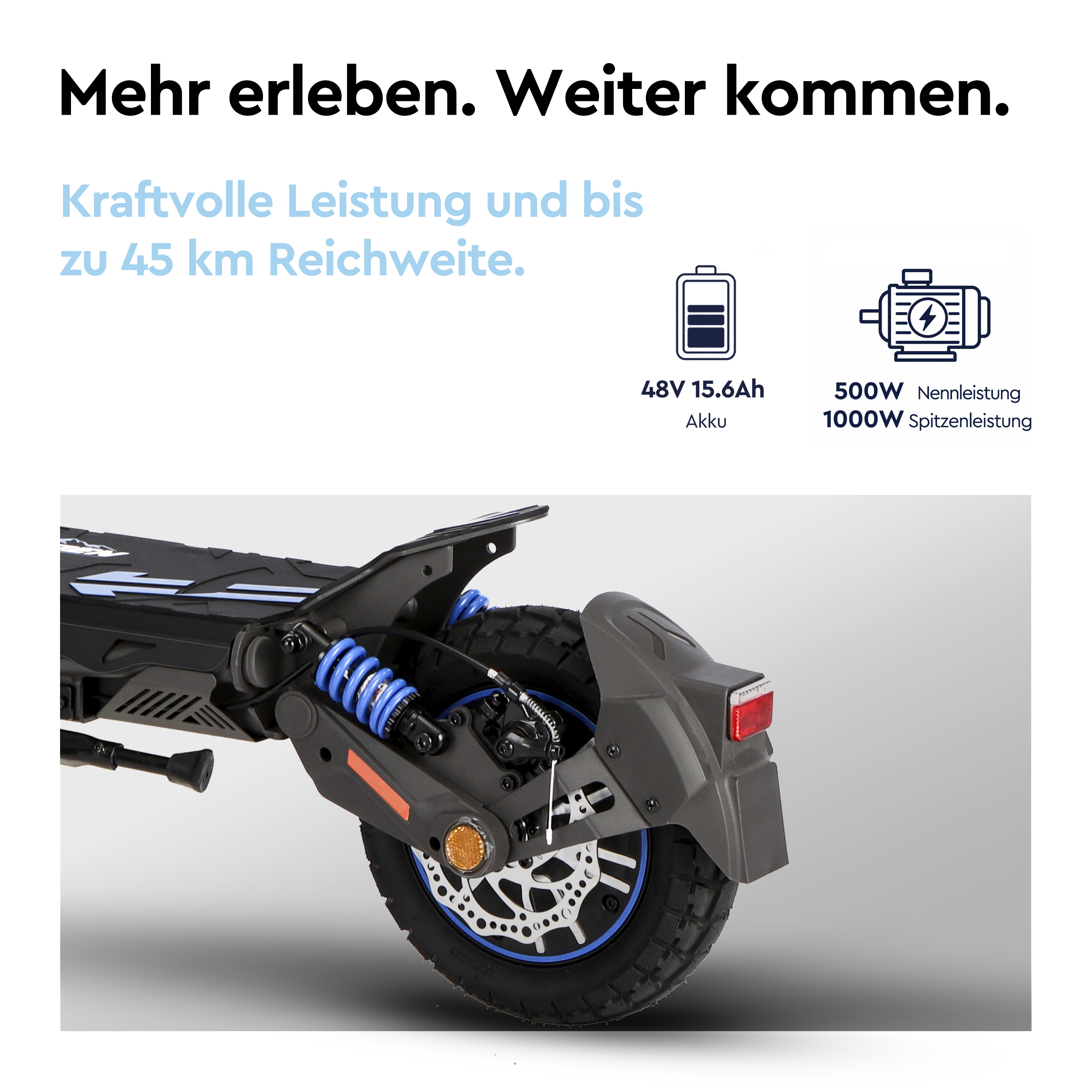Detailaufnahme des Hinterrads eines E-Scooters mit blauen Stoßdämpfern, Scheibenbremse und Text oben.