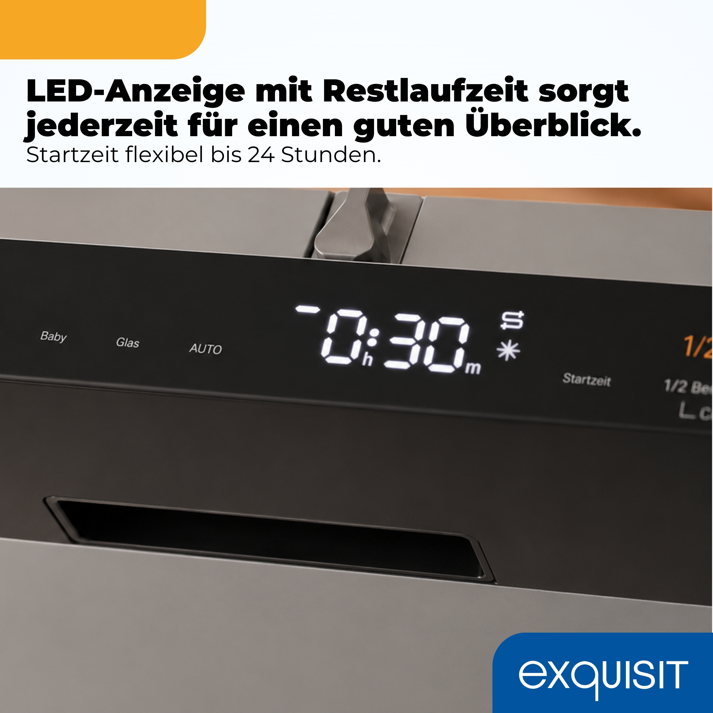 Geschirrspüler-Bedienfeld mit LED-Anzeige zeigt 0:30 Uhr Restlaufzeit.