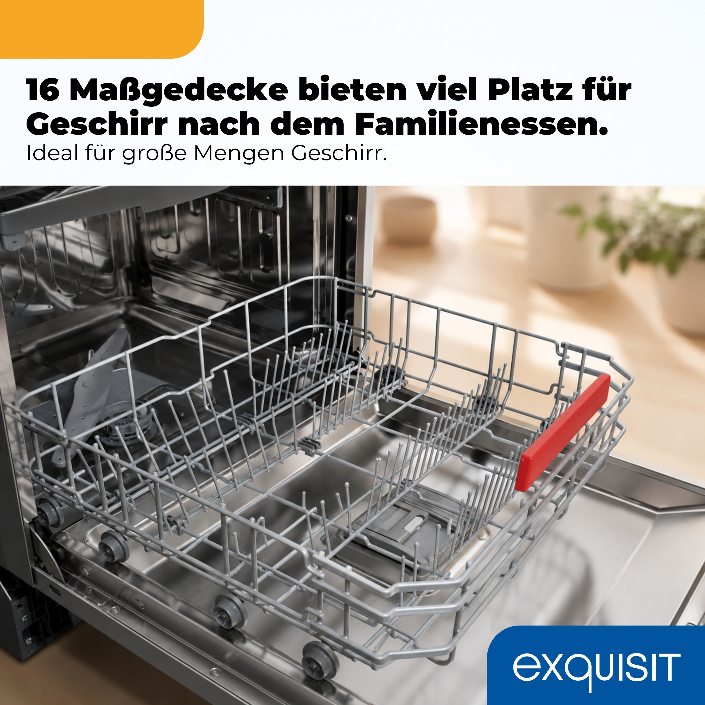 Geöffnete Spülmaschine mit ausziehbarem Unterkorb, Text oben und Exquisit-Logo unten.