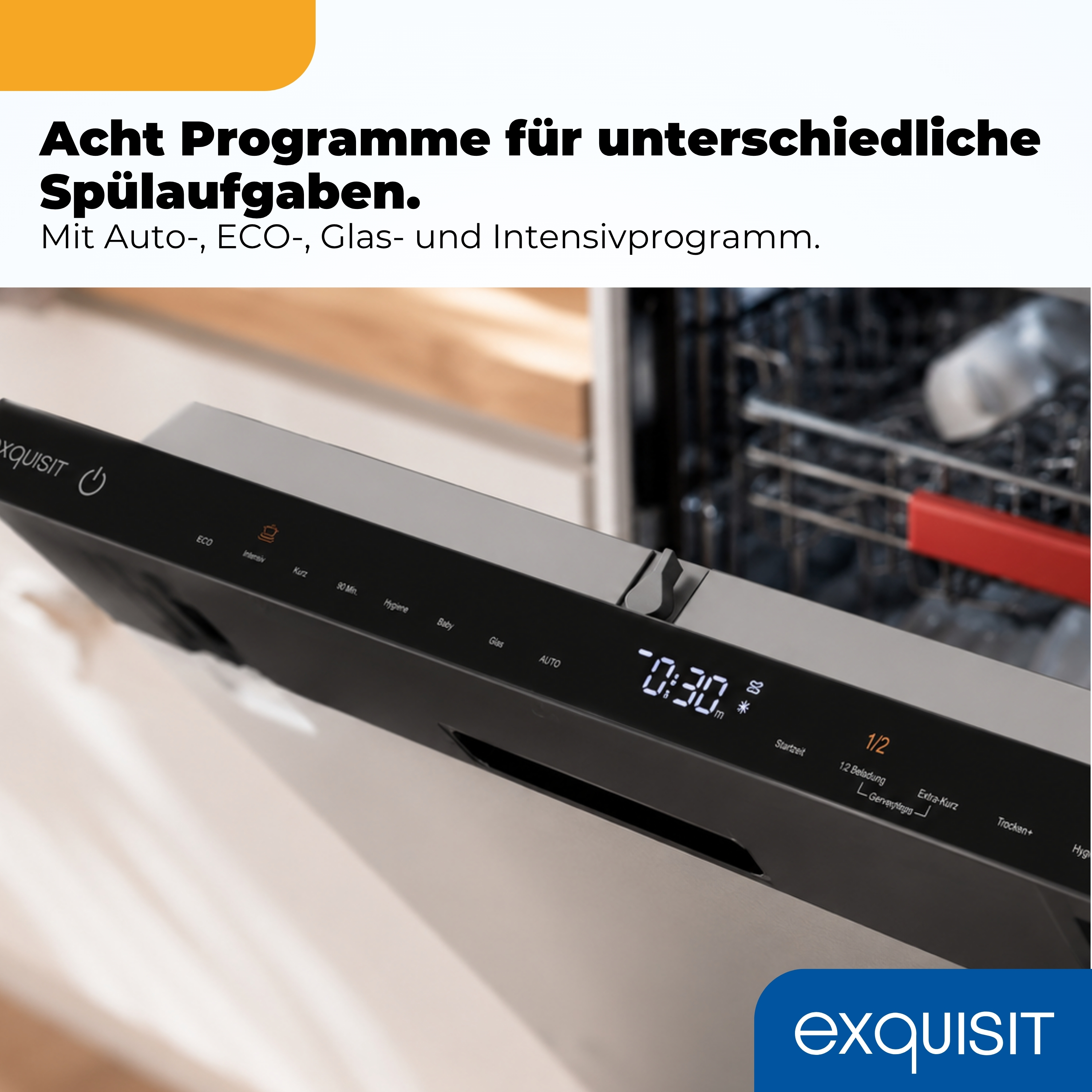 Bedienblende einer grauen Spülmaschine mit digitaler Anzeige und deutscher Textauswahl.