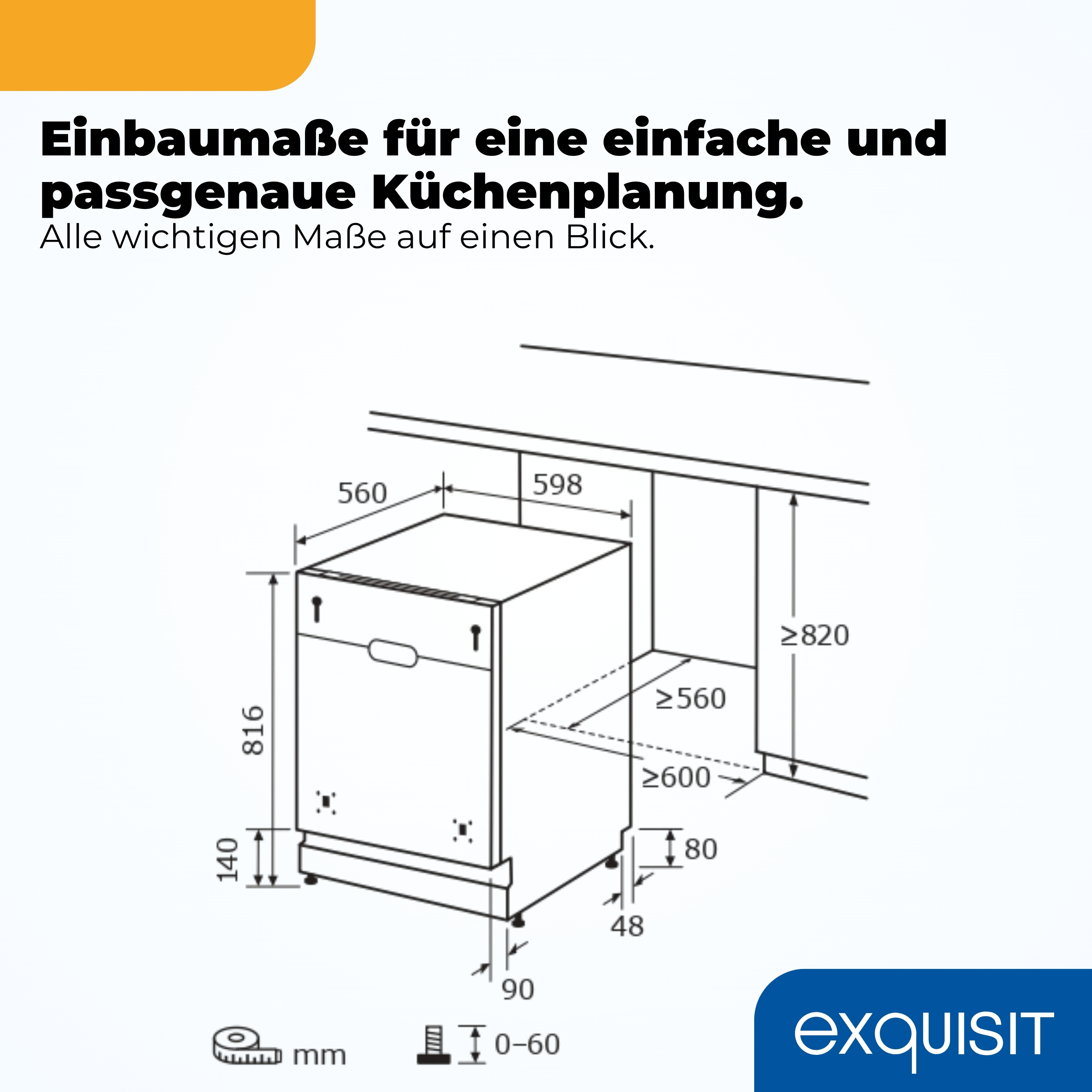 Technische Zeichnung von Einbaumaßen für einen Geschirrspüler mit Maßangaben in mm und dem Exquisit-Logo.