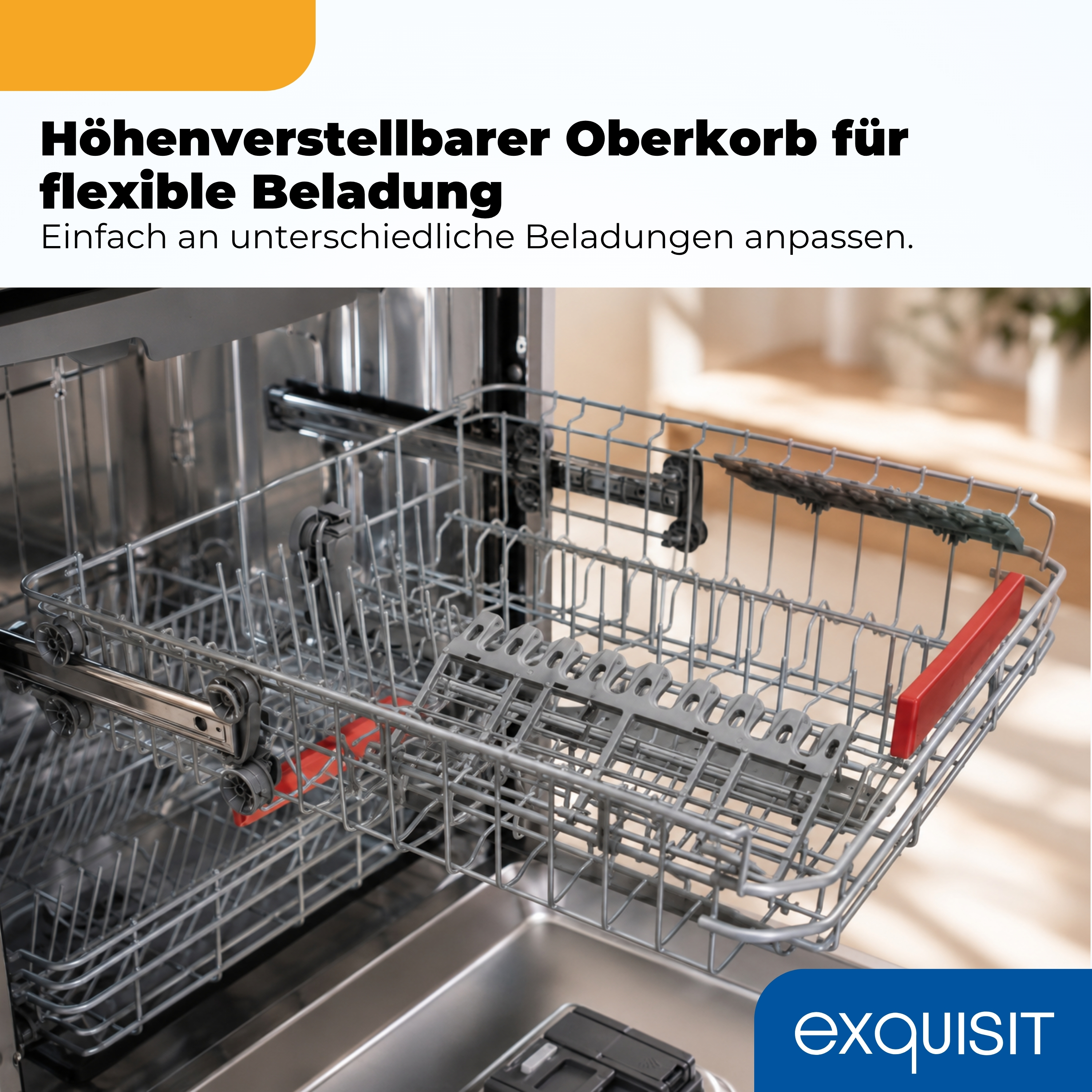 Offener oberer Korb einer Spülmaschine mit Metallgestell, Schienen und rotem Griff vor Text.