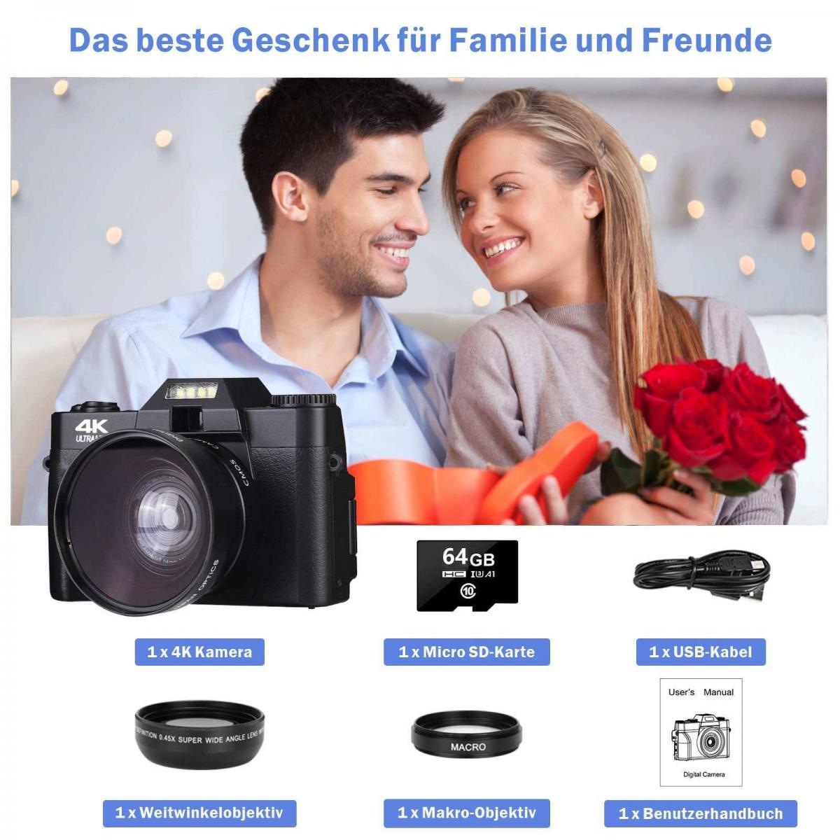 Paar lächelt, mit einer 4K-Kamera, einer Micro-SD-Karte, einem USB-Kabel, Objektiven und einem Handbuch.