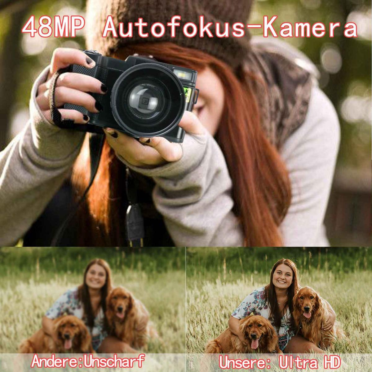 Person hält eine Kamera, darunter Vergleichsbilder mit unscharfem und scharfem Fokus.