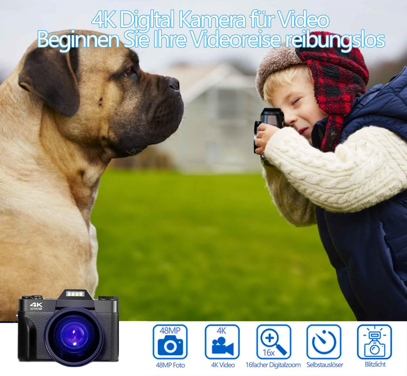 Ein Kind in Winterkleidung fotografiert einen großen Hund im Freien.