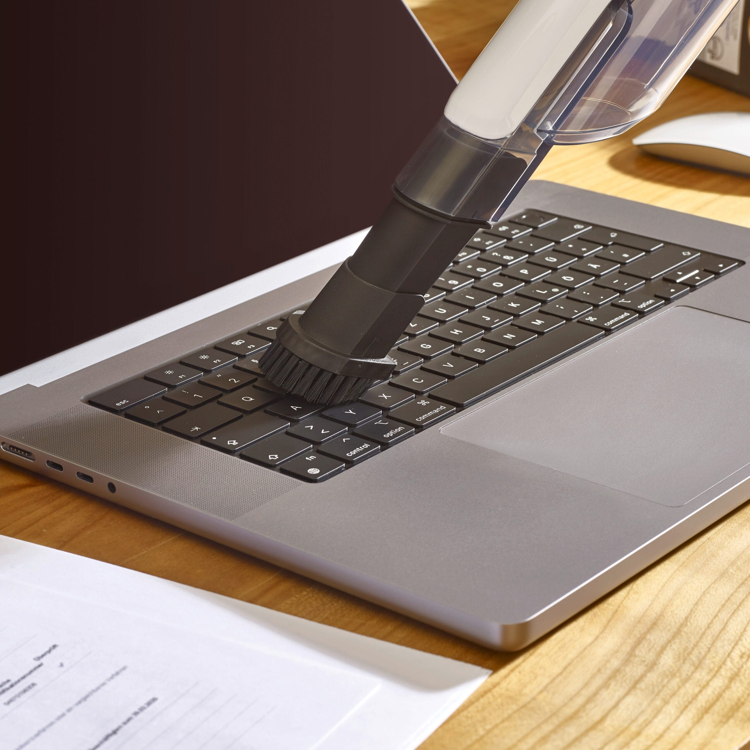 Un aspirateur à main nettoie le clavier d'un ordinateur portable sur un bureau en bois.