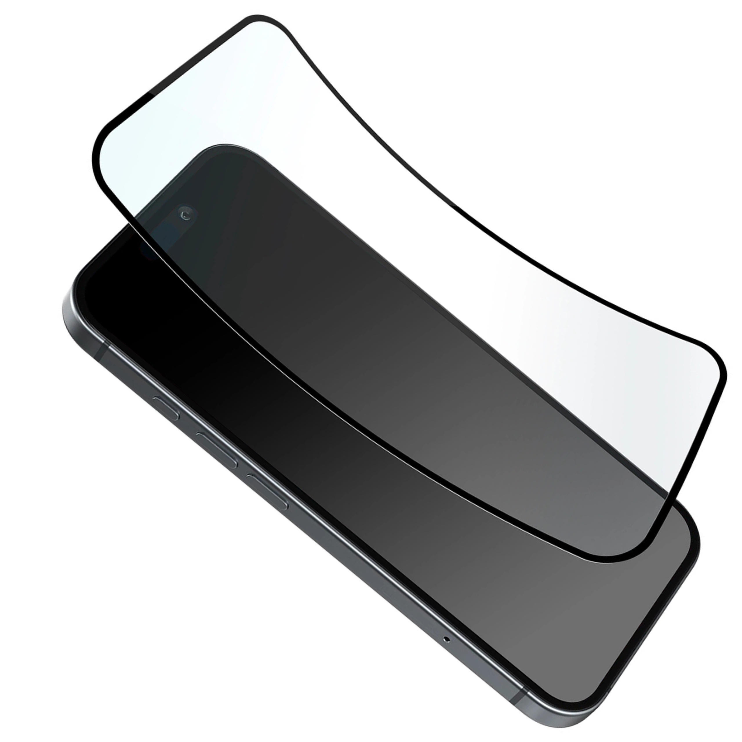 Un teléfono inteligente negro con un protector de pantalla de vidrio templado flotando sobre él.