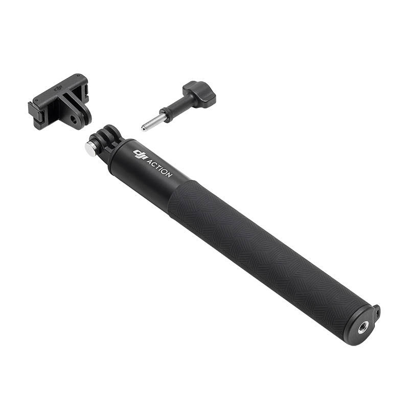 Selfie stick nero DJI Action con supporto staccabile e vite a galletto su sfondo bianco.