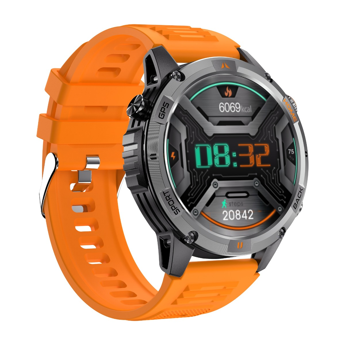 Robuste Smartwatch mit orangefarbenem Silikonarmband und digitaler Anzeige für Zeit und Schritte.