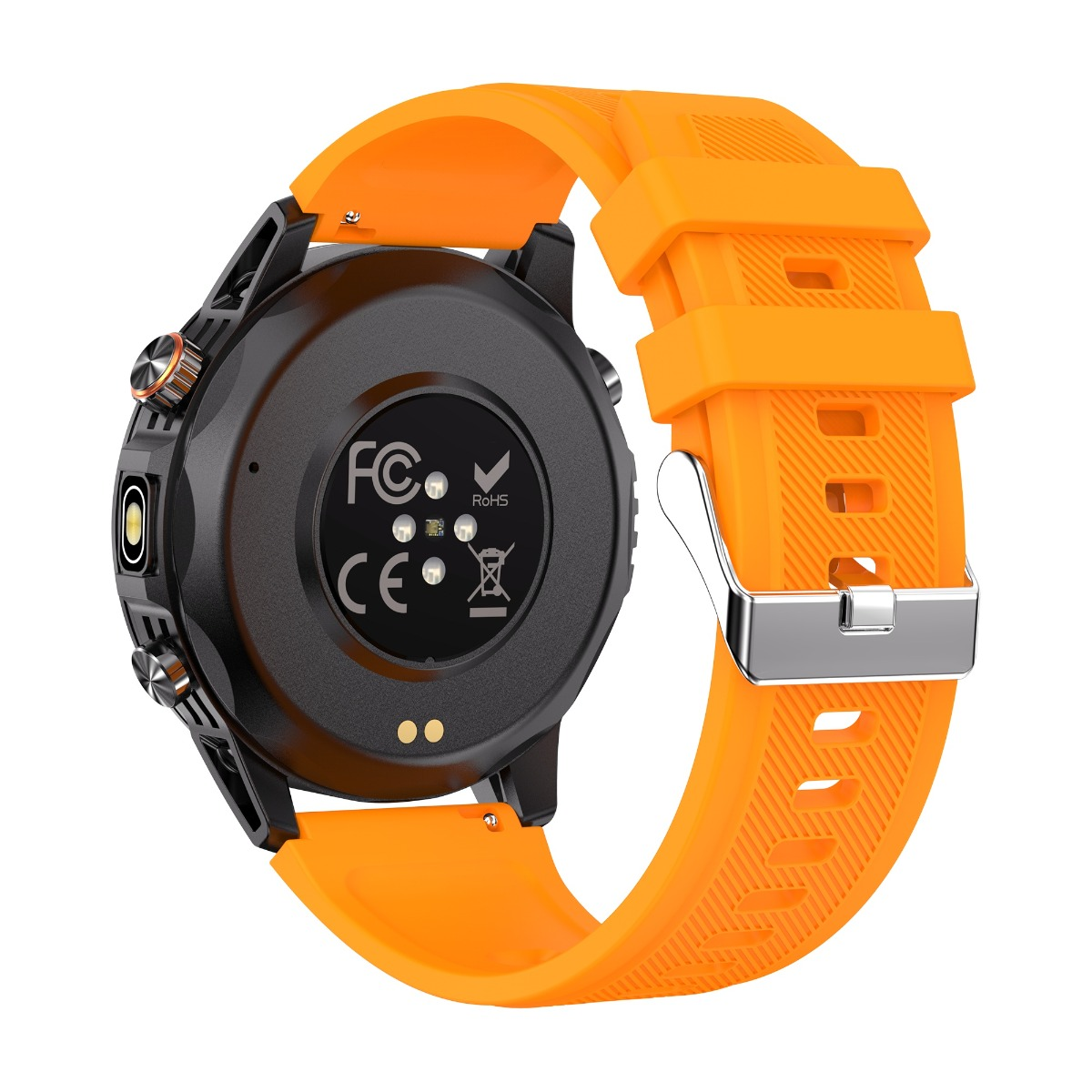 Rückseite einer schwarzen Smartwatch mit leuchtend orangenem Silikonarmband und silberner Schließe vor weißem Hintergrund.