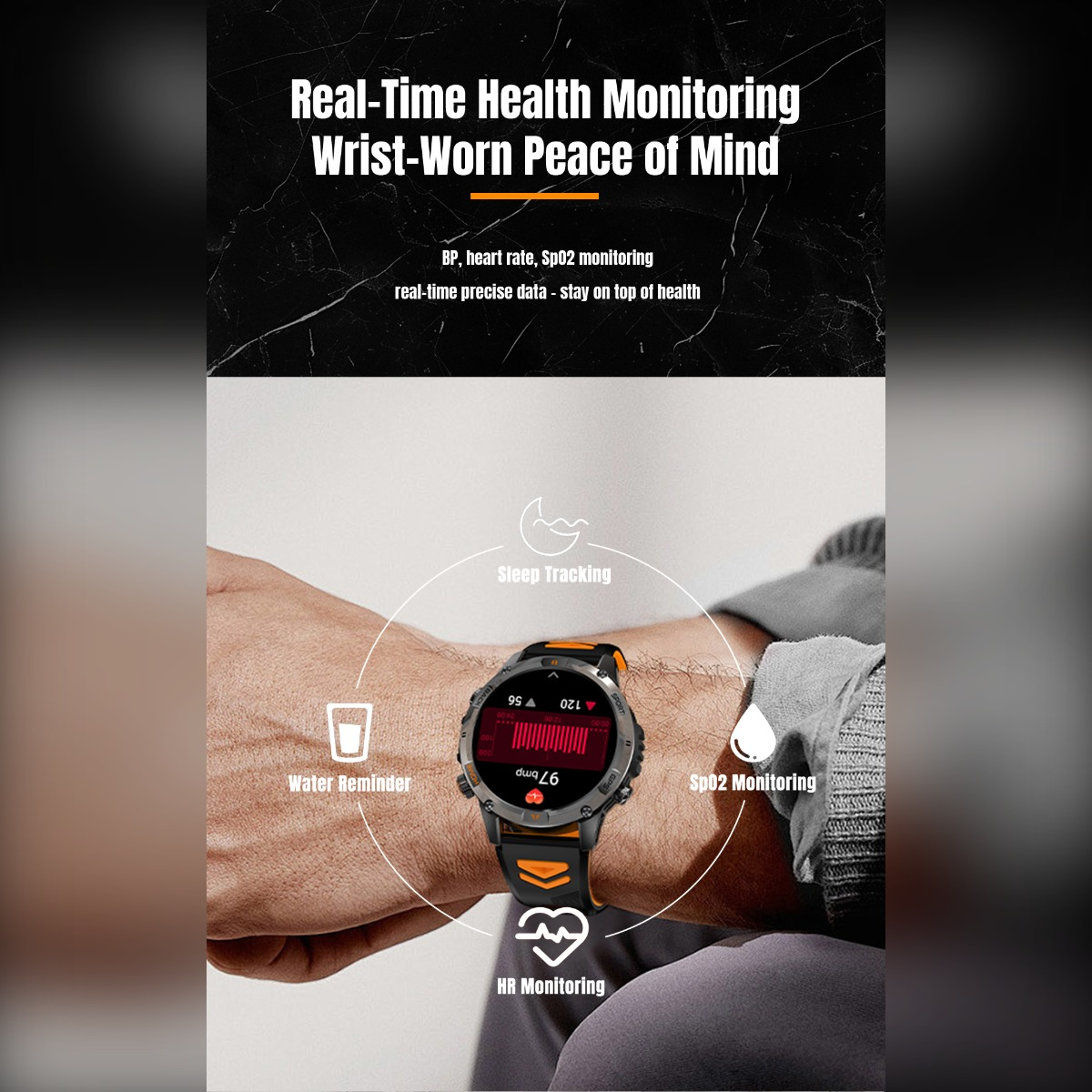 Ein Mann trägt eine schwarz-orange Smartwatch am Handgelenk, die Gesundheitsfunktionen hervorhebt.