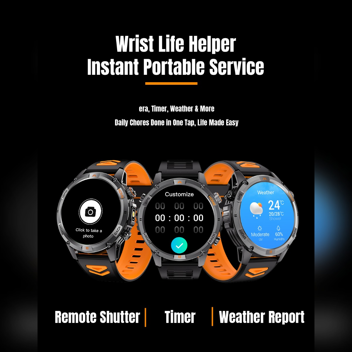 Drei Smartwatches mit orangen und schwarzen Armbändern zeigen Kamera, Timer und Wetterfunktionen.