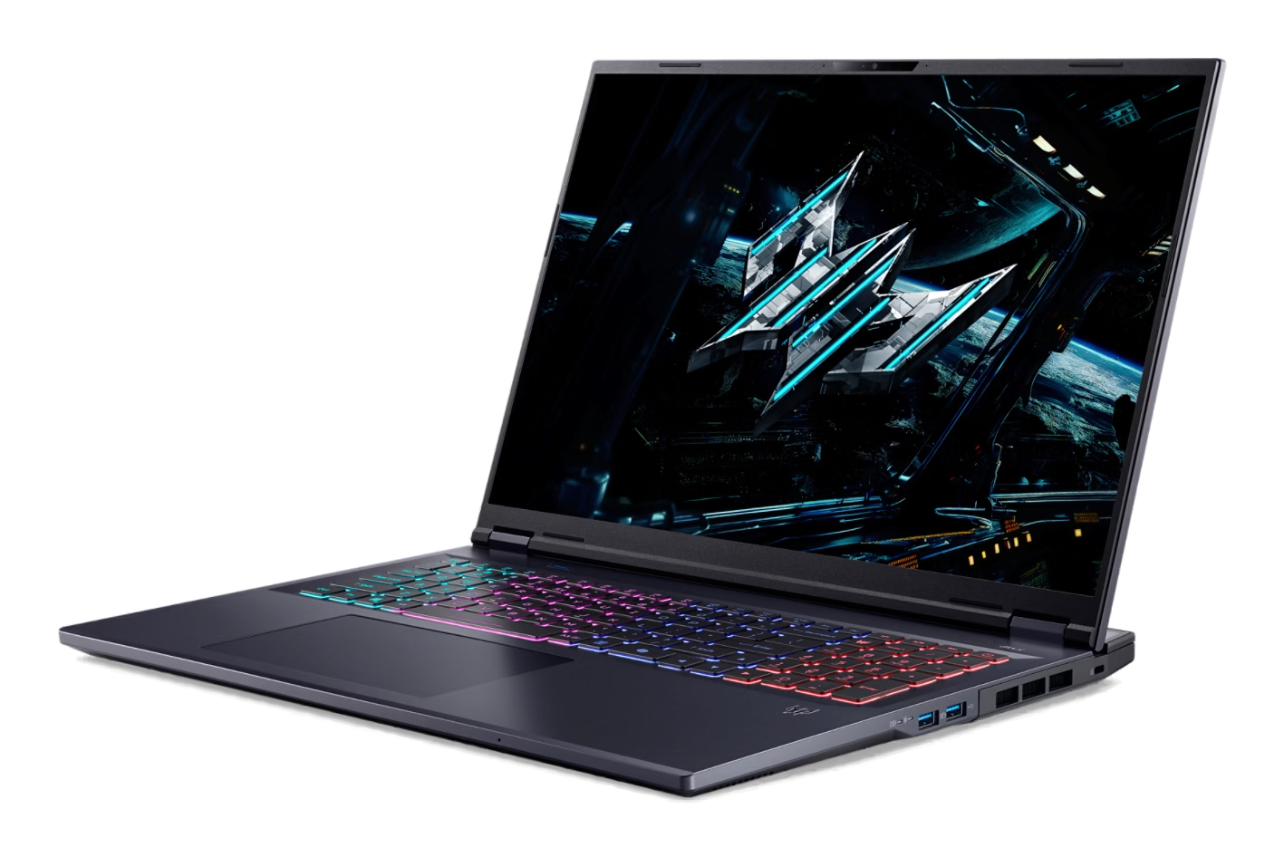 Ein schwarzer Gaming-Laptop mit beleuchteter Tastatur und weltraumbezogenem Hintergrundbild auf dem Bildschirm.