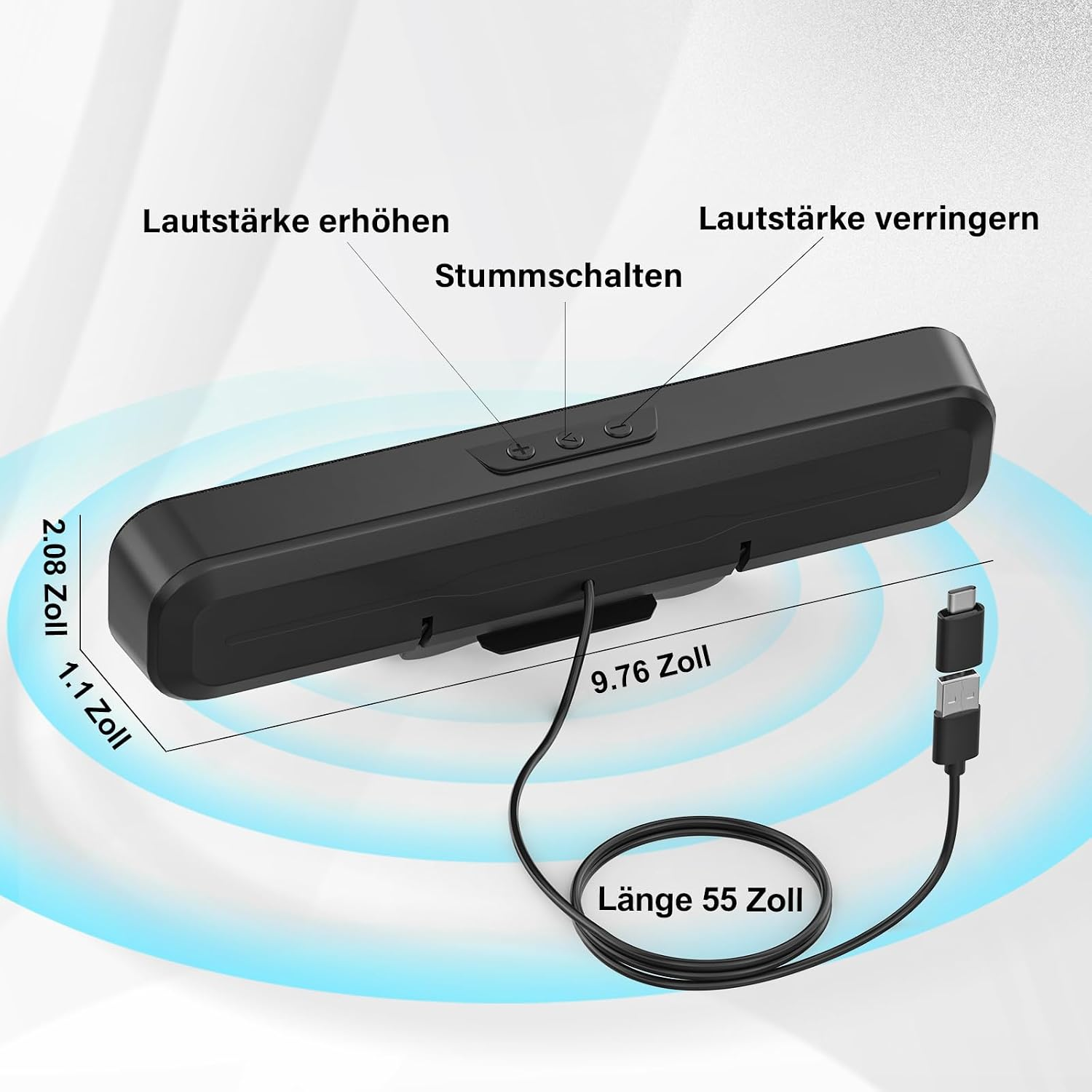 Schwarze Soundbar mit Kabel, Anschlüssen und deutschen Maßangaben sowie Bedienungsbeschriftungen.
