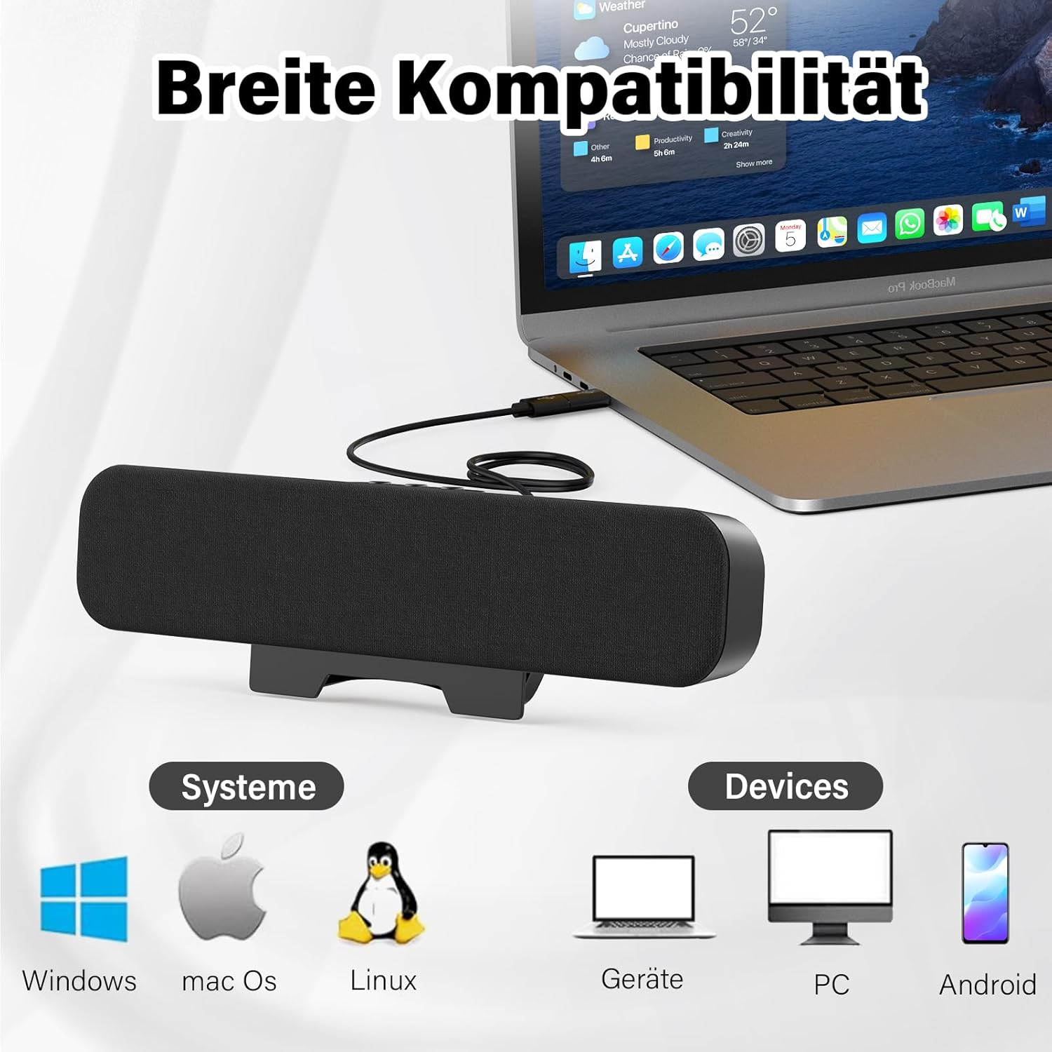 Eine lange schwarze Soundbar ist per Kabel mit einem Laptop verbunden, unten sind Betriebssysteme gelistet.