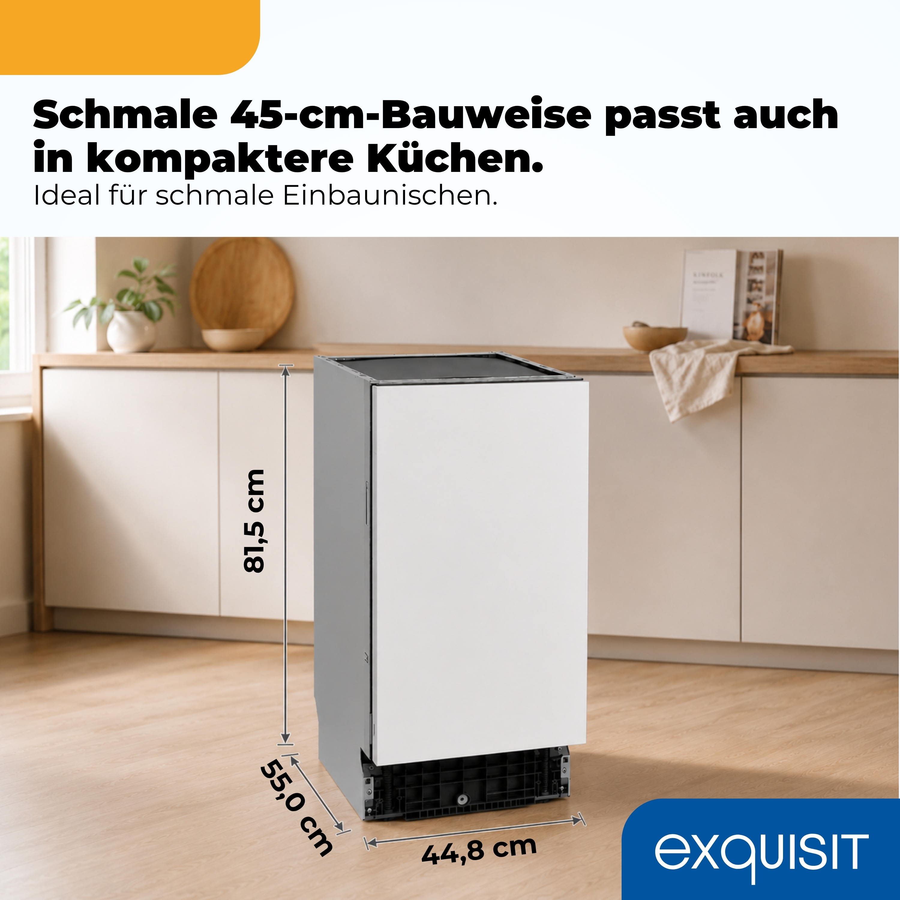 Schmaler 45-cm-Geschirrspüler vor Küchenzeile mit Maßangaben.