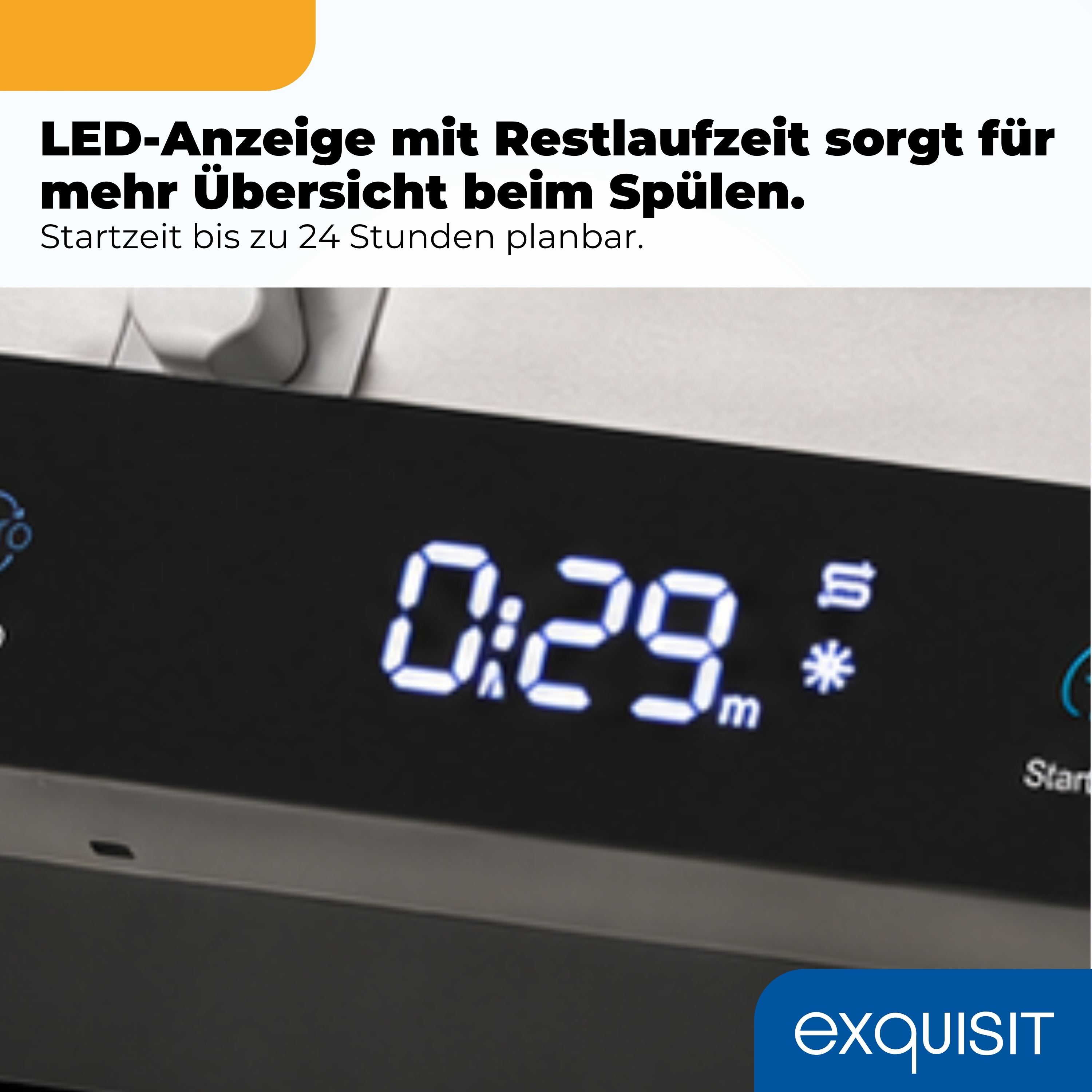 LED-Anzeige mit Restlaufzeit zeigt 0:29 an. Darüber Text auf Deutsch und unten rechts das Exquisit-Logo.
