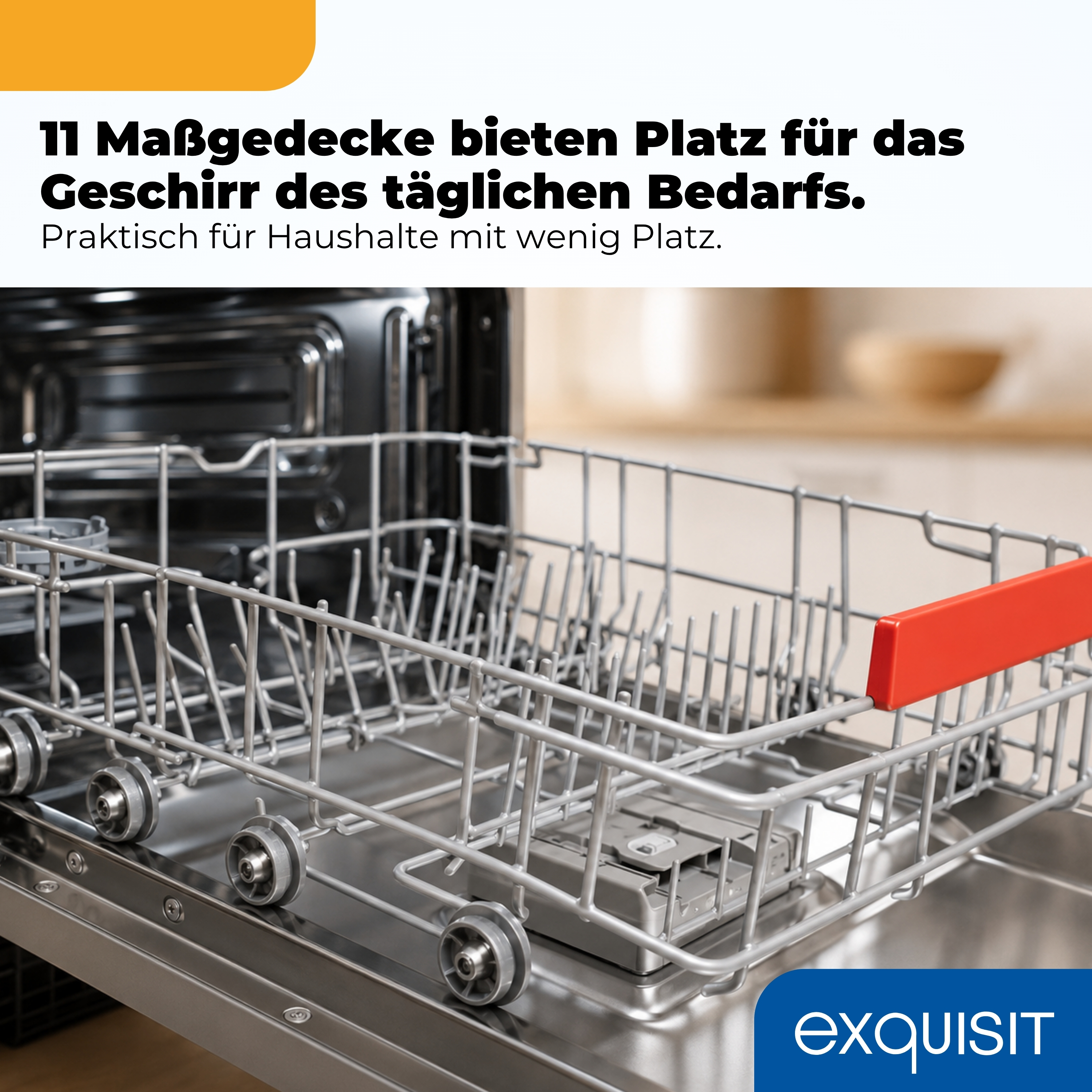 Geöffnete Spülmaschine mit ausziehbarem, leerem Geschirrkorb und Text über 11 Maßgedecken.