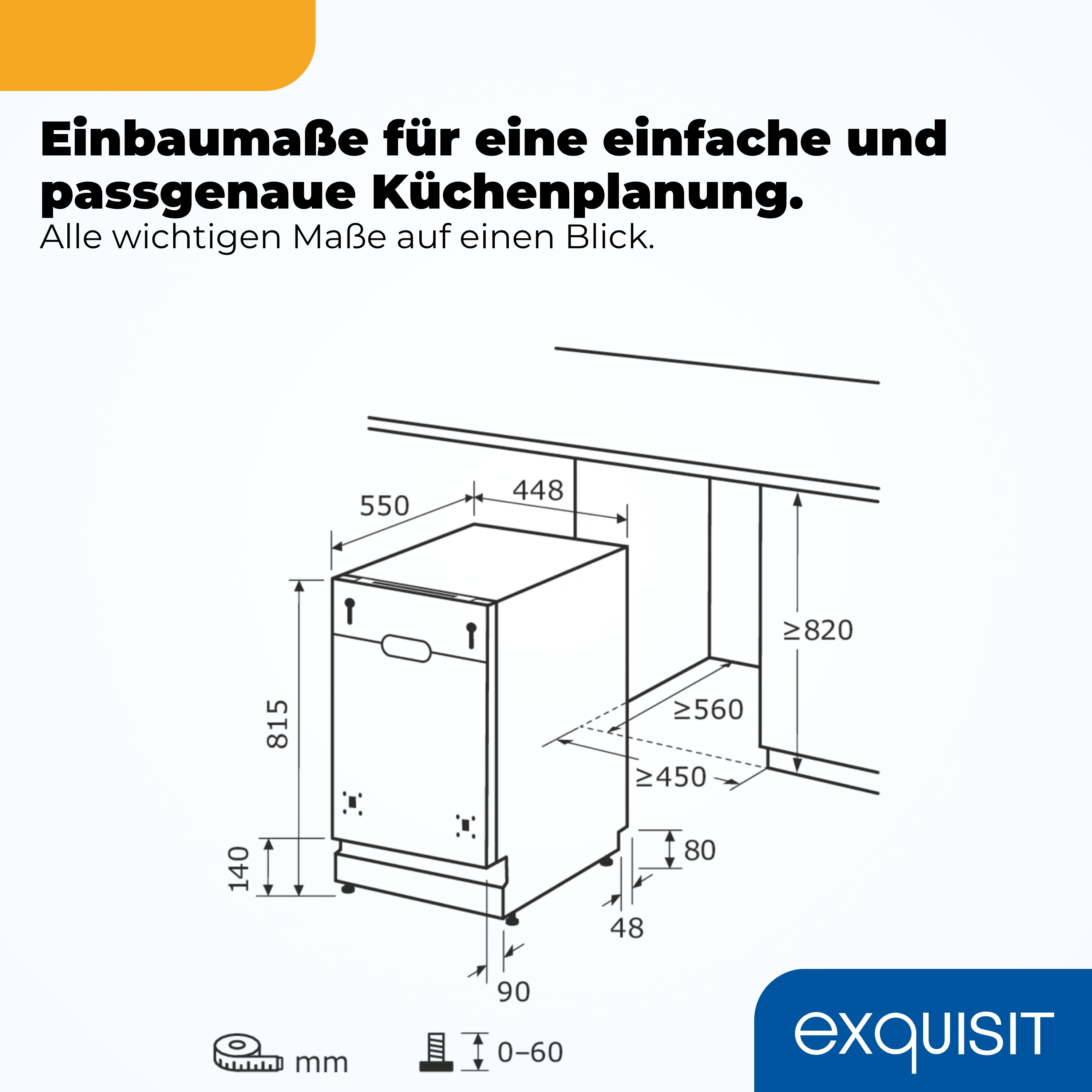Technische Zeichnung mit Einbaumaßen für eine Spülmaschine unter einer Küchenzeile.