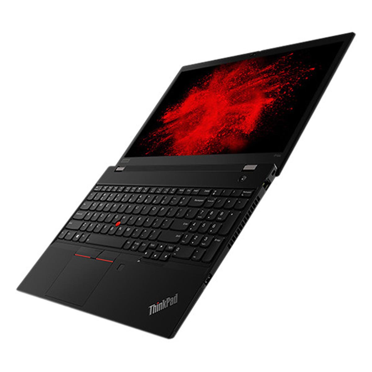 Czarny laptop na białym tle z żywym czerwonym abstrakcyjnym wzorem na ekranie.