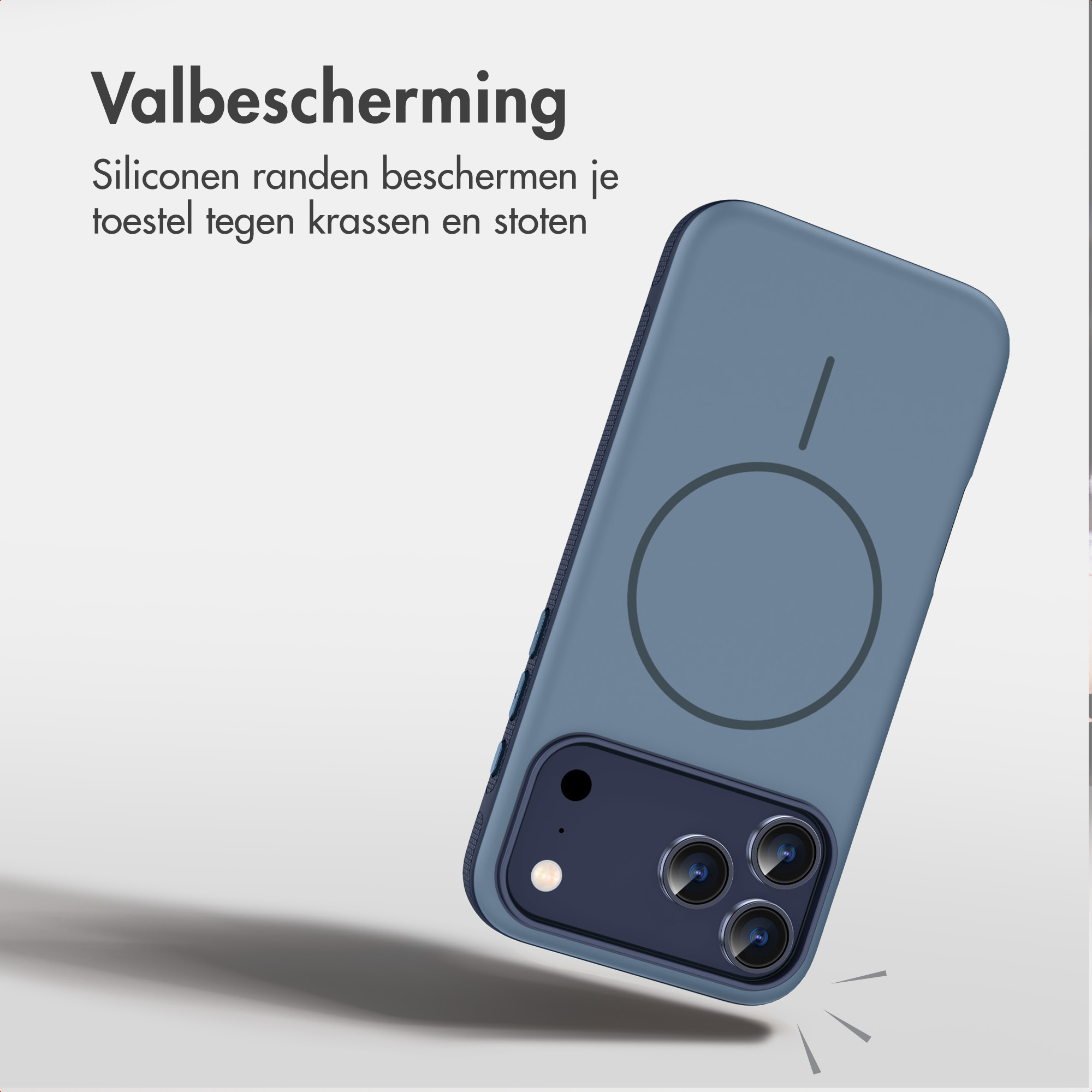 Ein blaues Smartphone mit Hülle, das die Rückkameras und den Aufprallschutz zeigt.